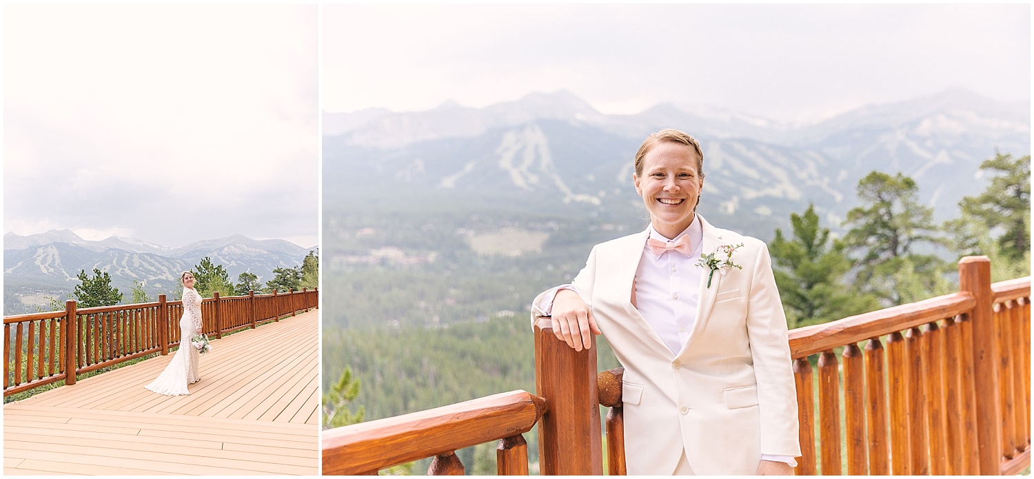 Bride in white suit with pink bow tie and other bride in white lace dress at mountain wedding in Breckenridge