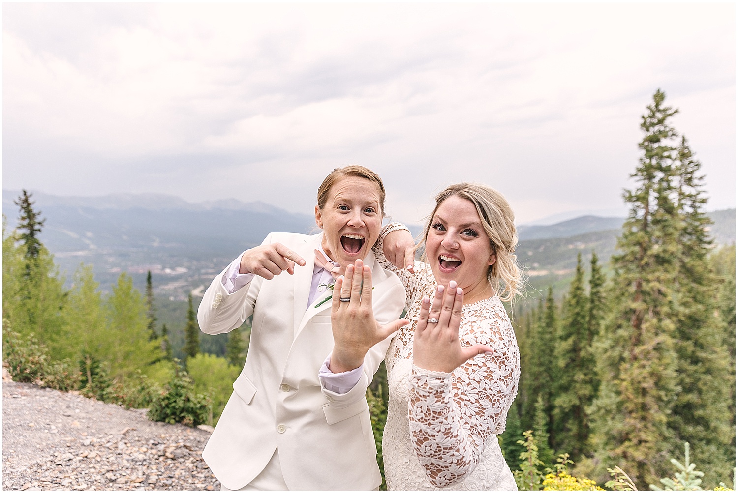 Excited brides showing off their wedding rings in Boreas Pass, Breckenridge
