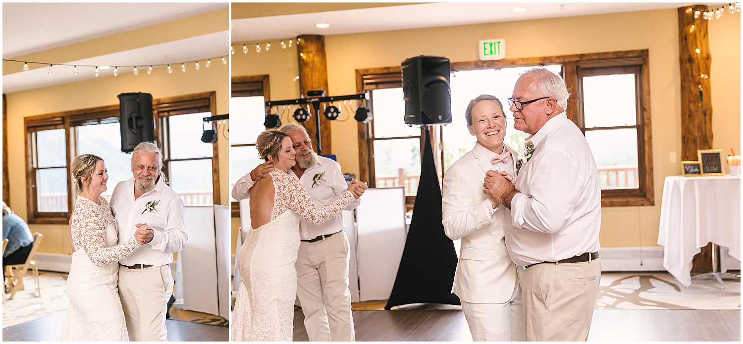 Lesbian brides dance with their fathers at wedding reception