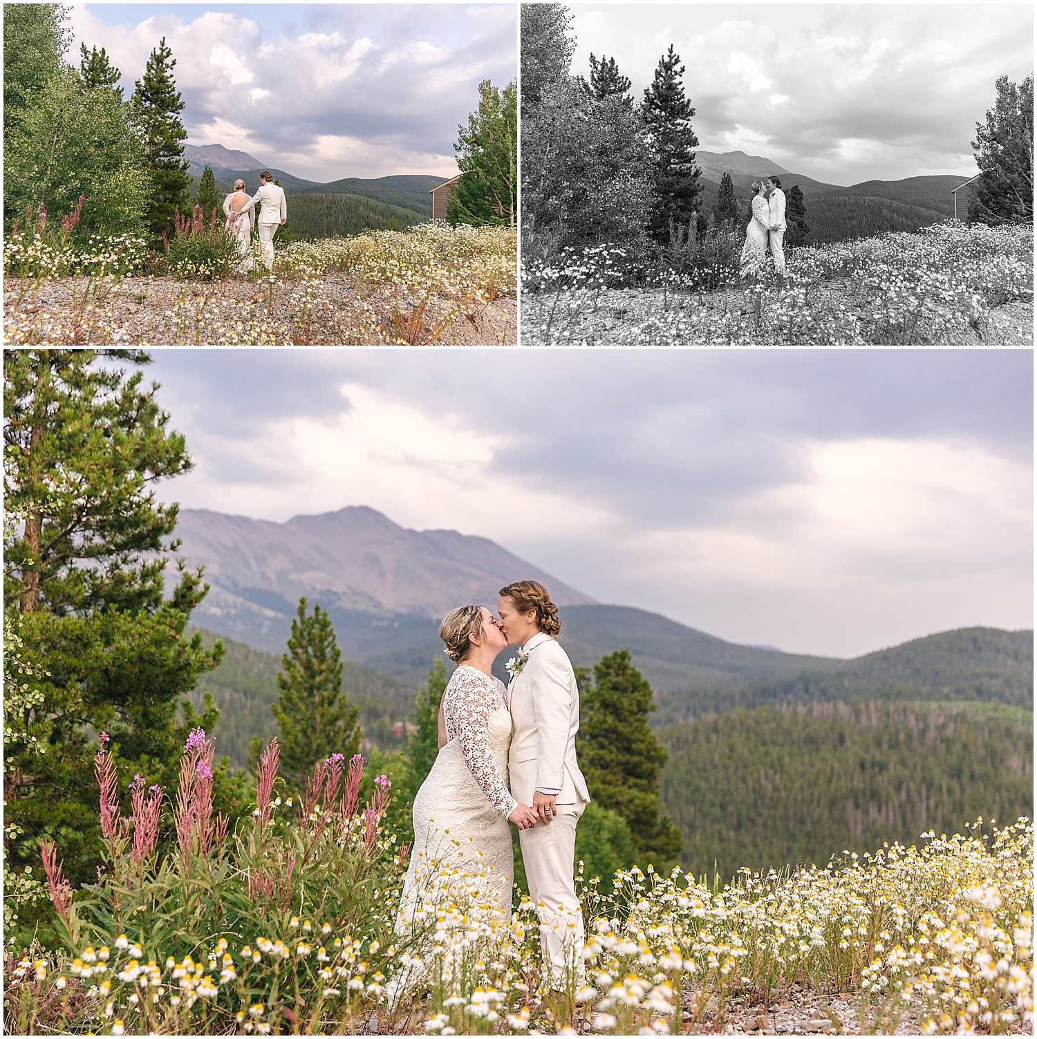 Two brides in a field of mountain wildflowers at the Lodge at Breckenridge wedding