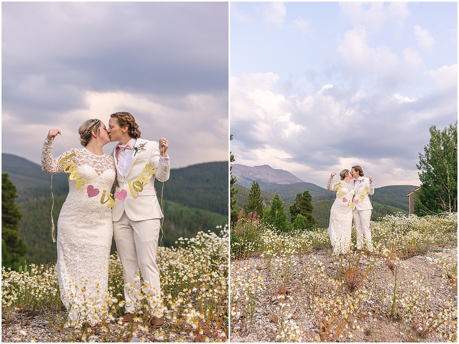 Two brides kissing in a field of mountain wildflowers at the Lodge at Breckenridge wedding