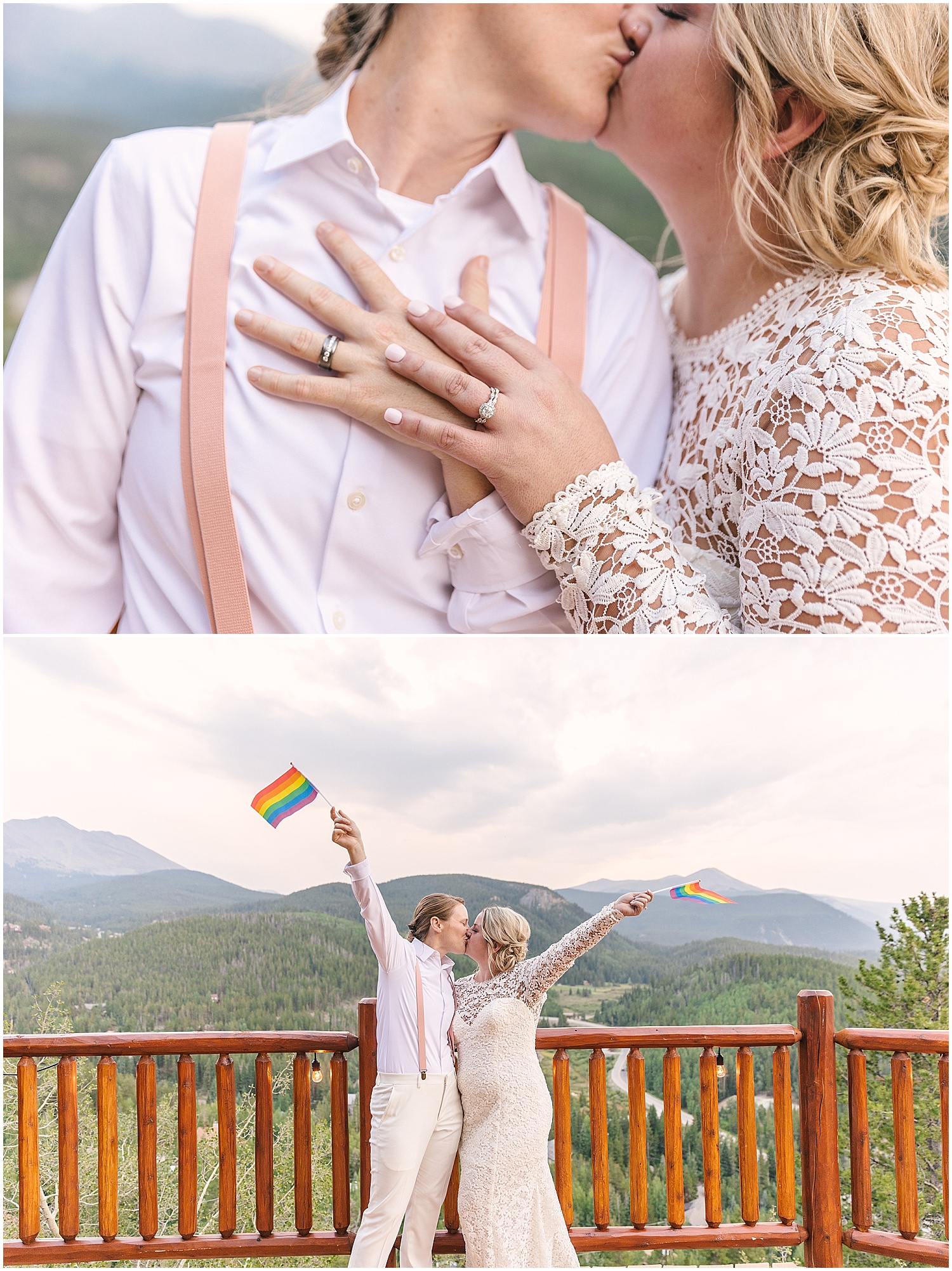 Lesbian wedding photo ideas with the rings and rainbow flags