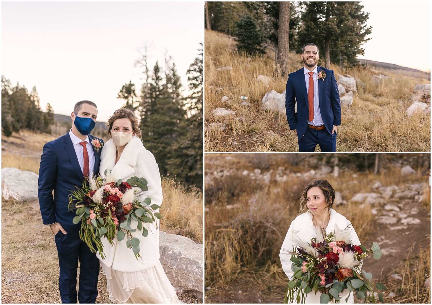 Winter elopement style - white fur coat for bride and navy suit for groom with red details