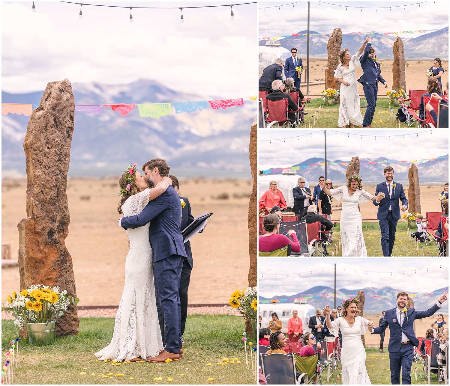 Bride and groom dance down the aisle of Taos wedding ceremony at Hotel Luna Mystica