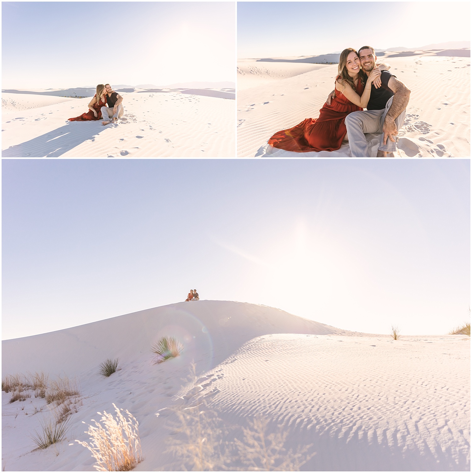 Couple cuddling at golden hour in White Sands National Park