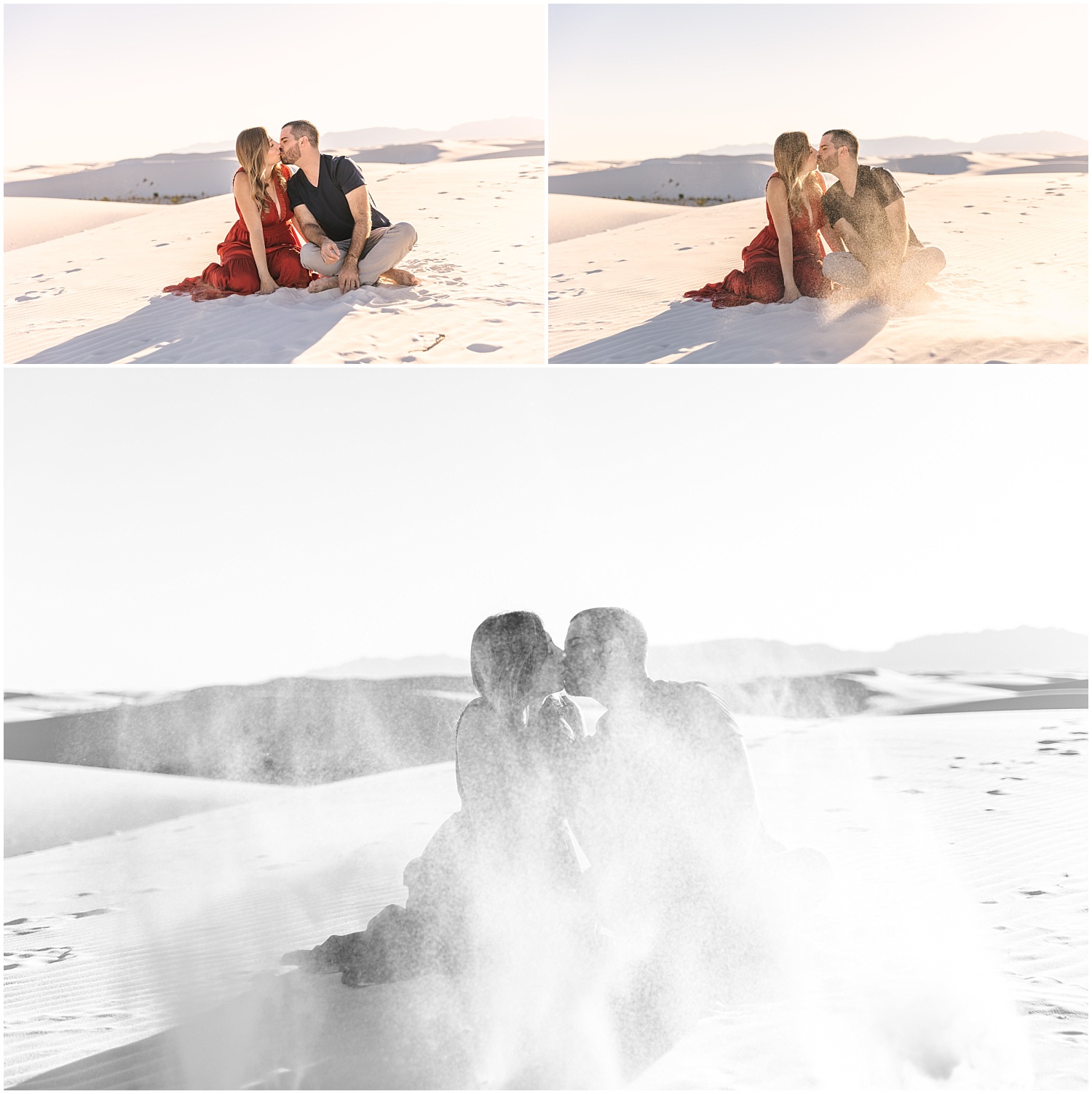 Sand blowing around couple and glittering in sunlight at White Sands National Park