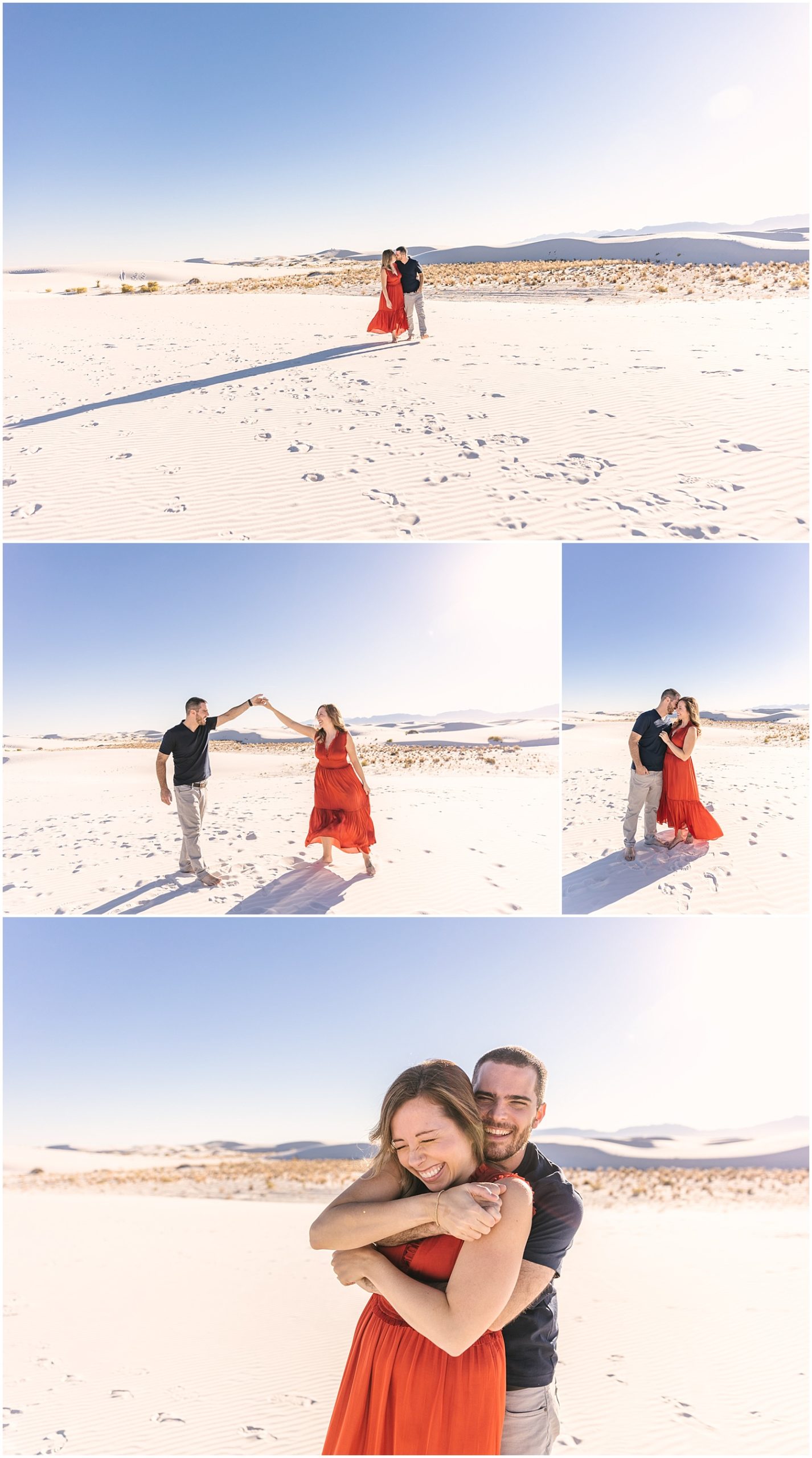 Couple dancing with joy at White Sands engagement session