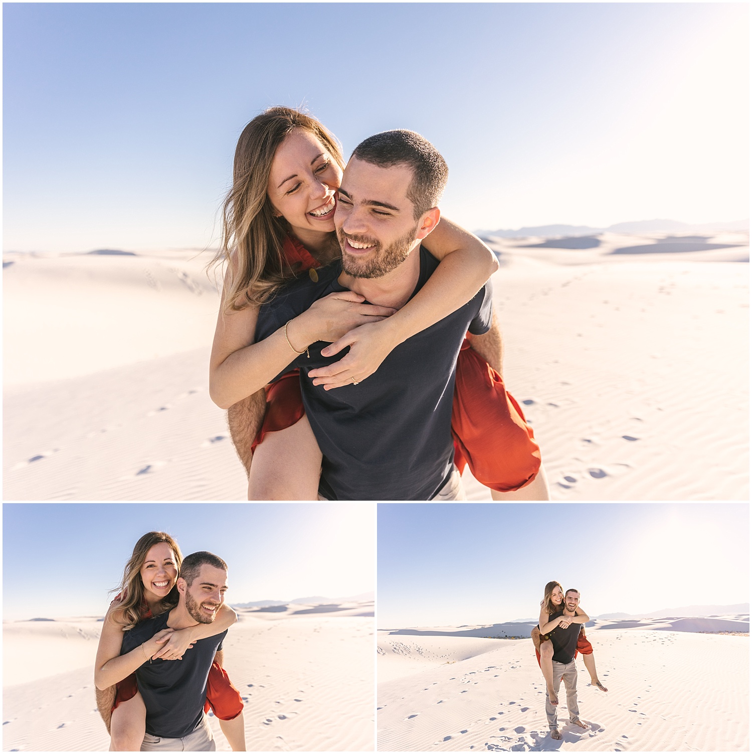 Piggyback ride for engagement photos at White Sands
