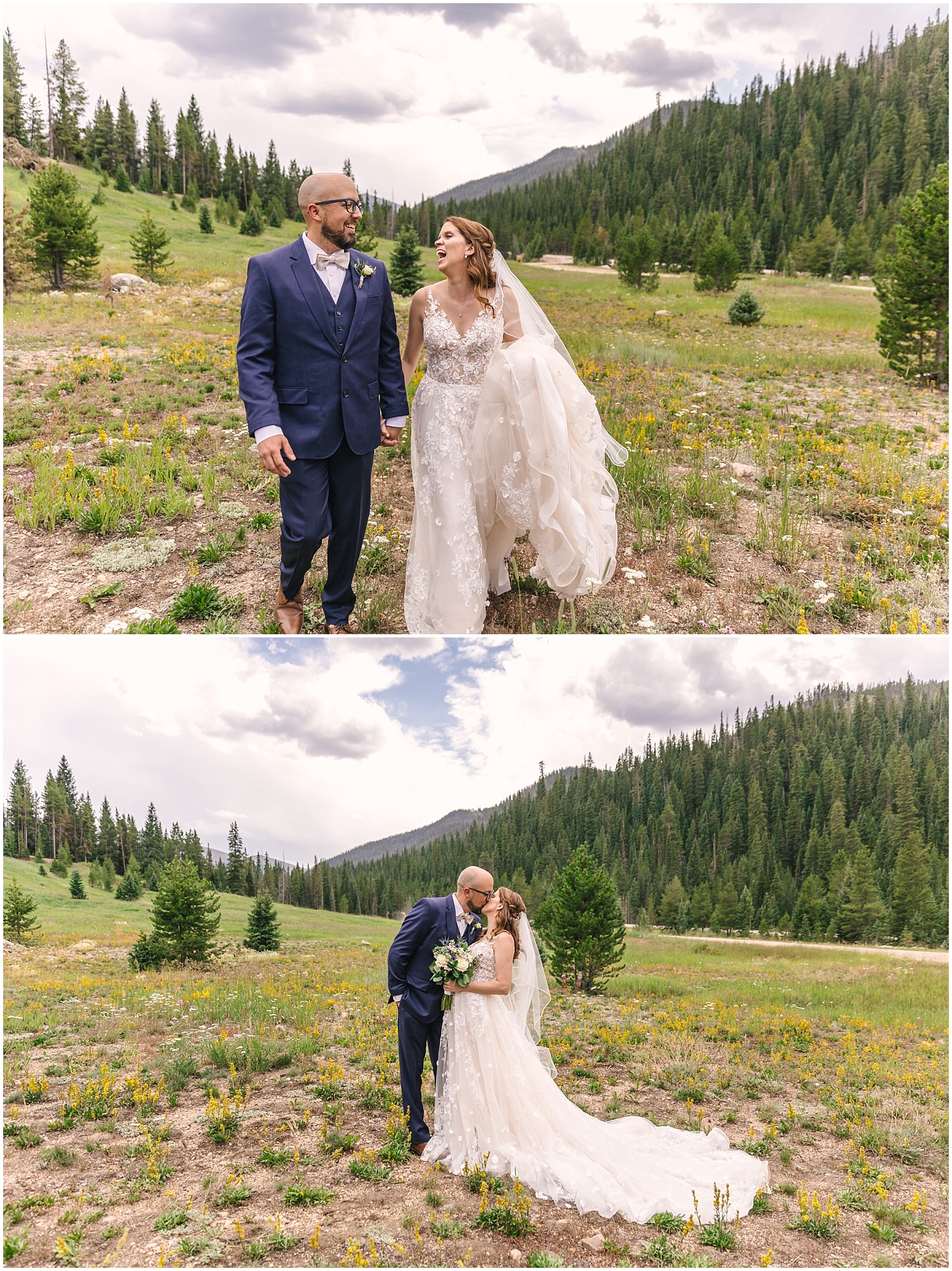 Bride and groom walking through a field in the mountains outside Winter Park Colorado