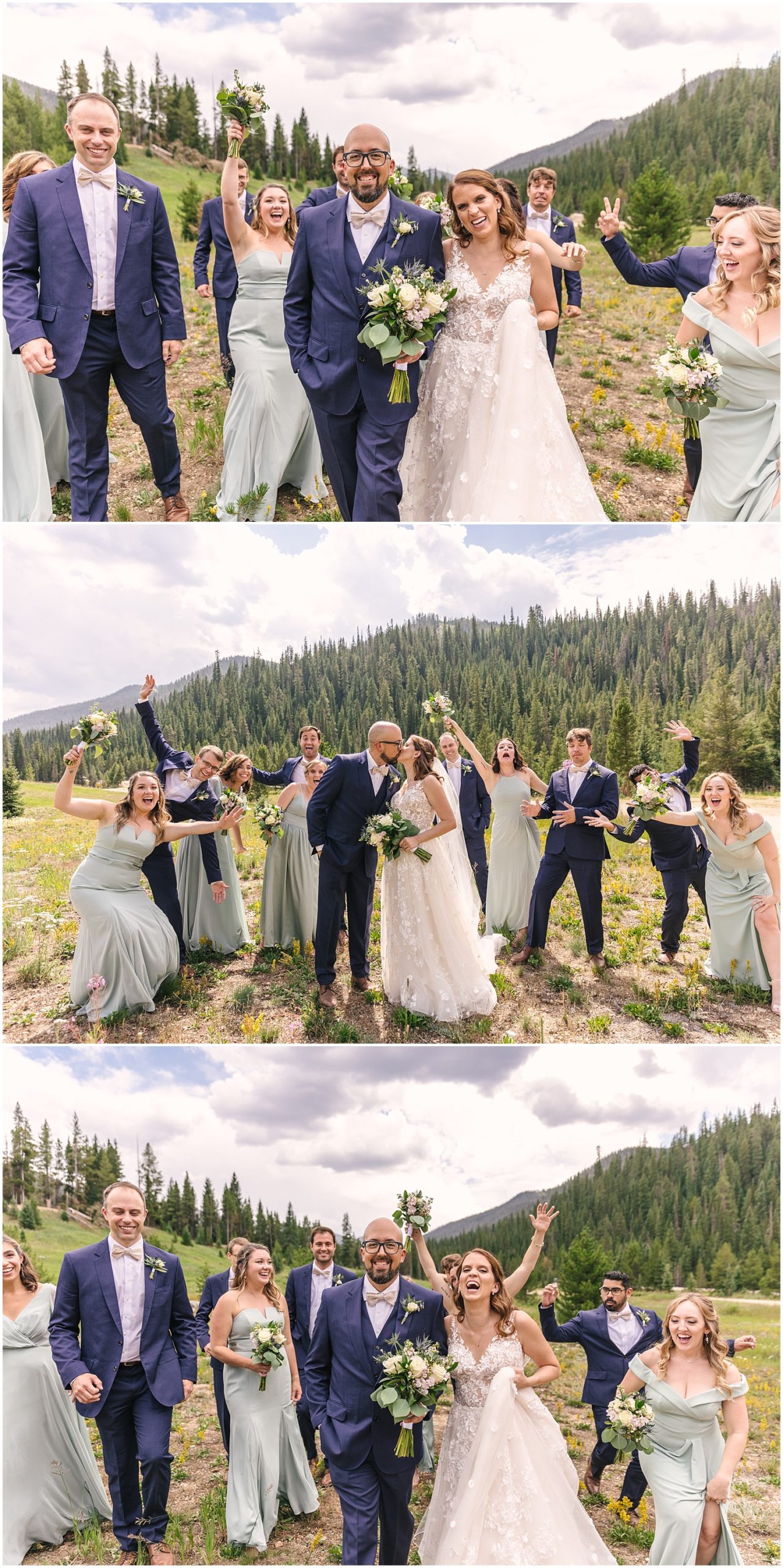 Silly wedding party portraits with mountain views near Winter Park Colorado