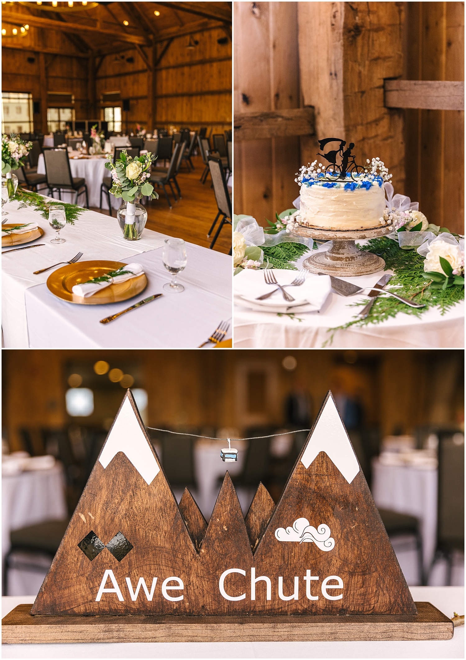 Ski run names for table runners and pine branches for outdoorsy couple's wedding