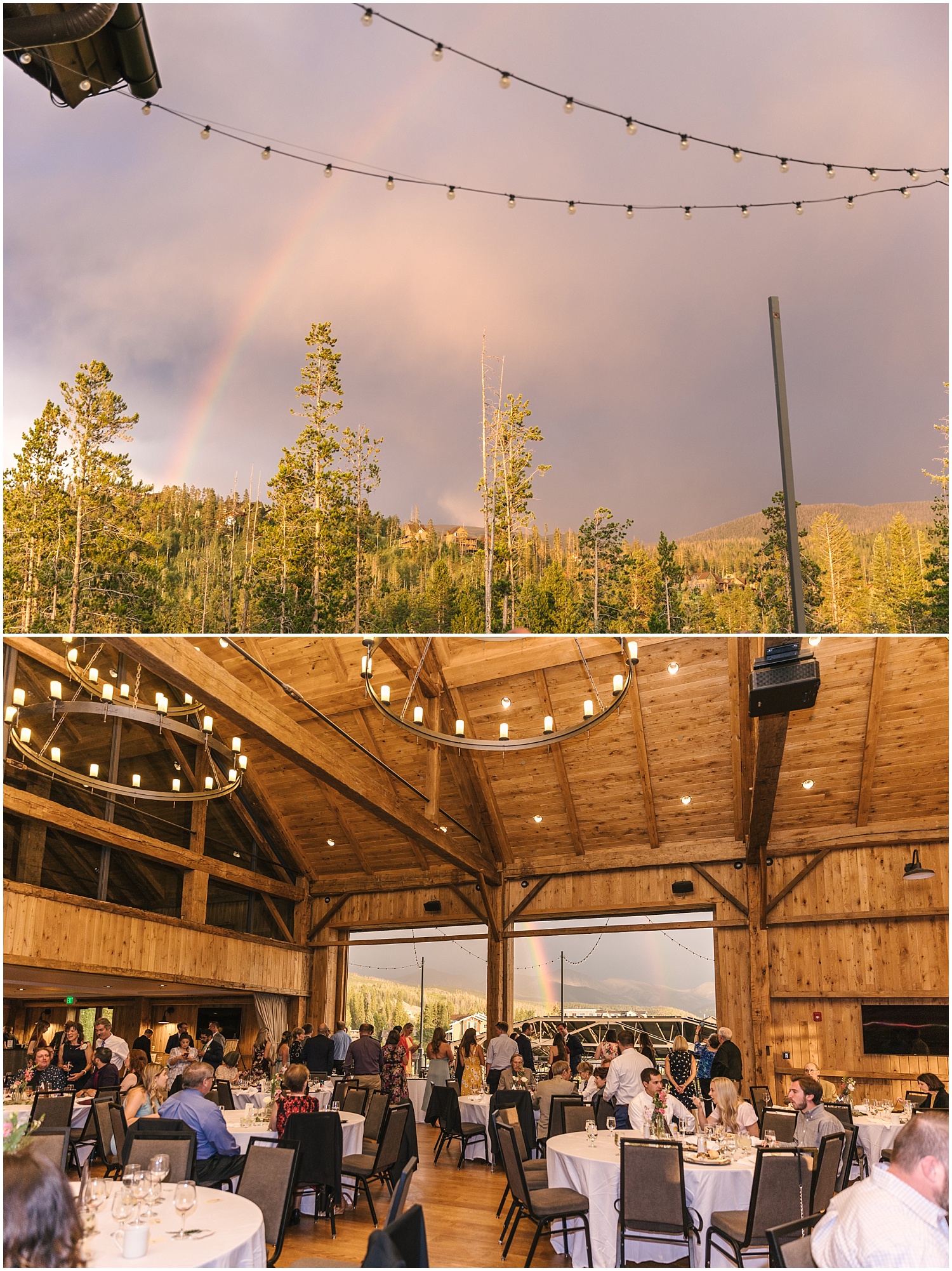 Rainbow over Headwaters Center wedding reception in Winter Park Colorado