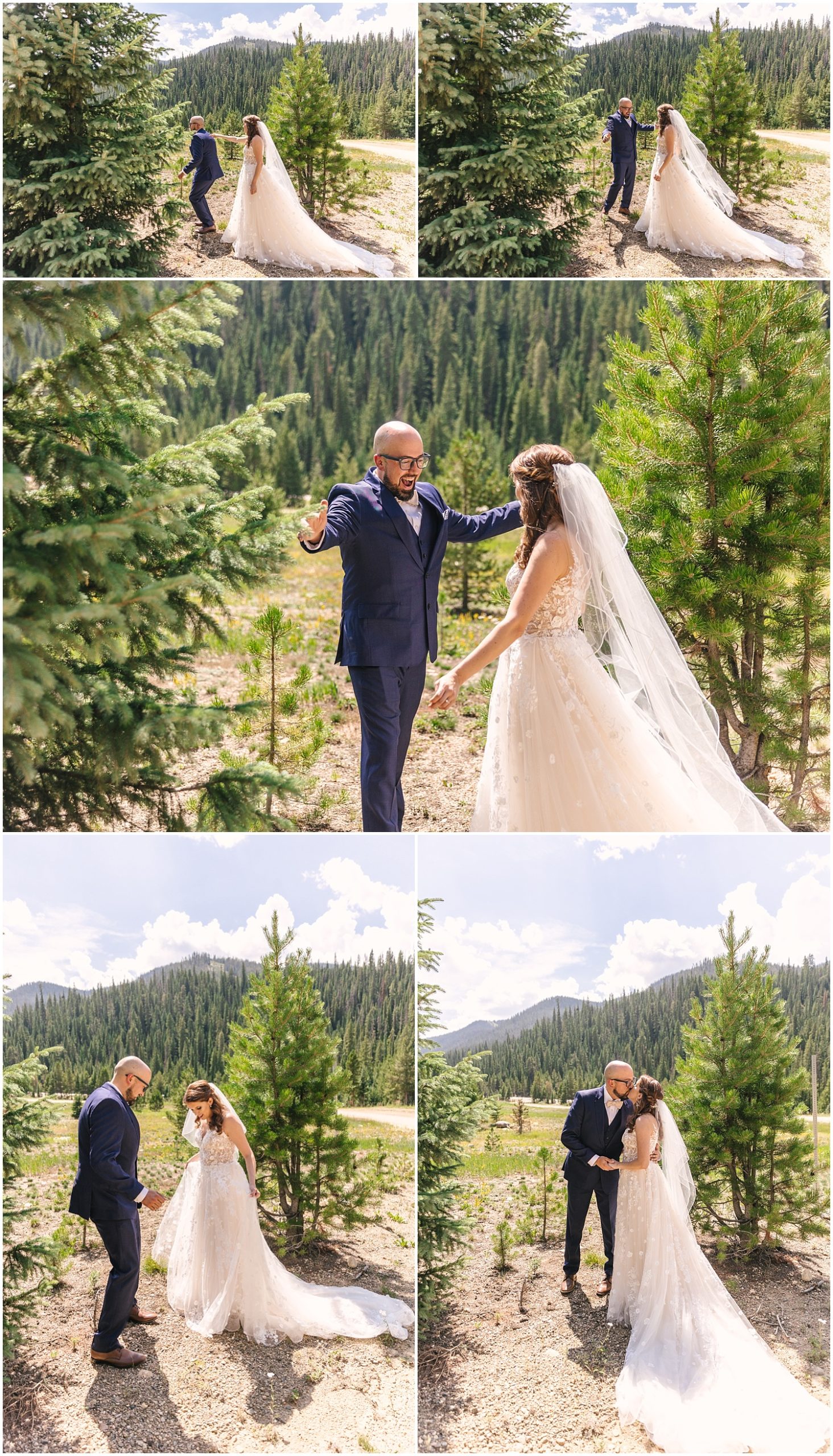 Bride and groom's first look for Winter Park wedding in Berthoud Pass