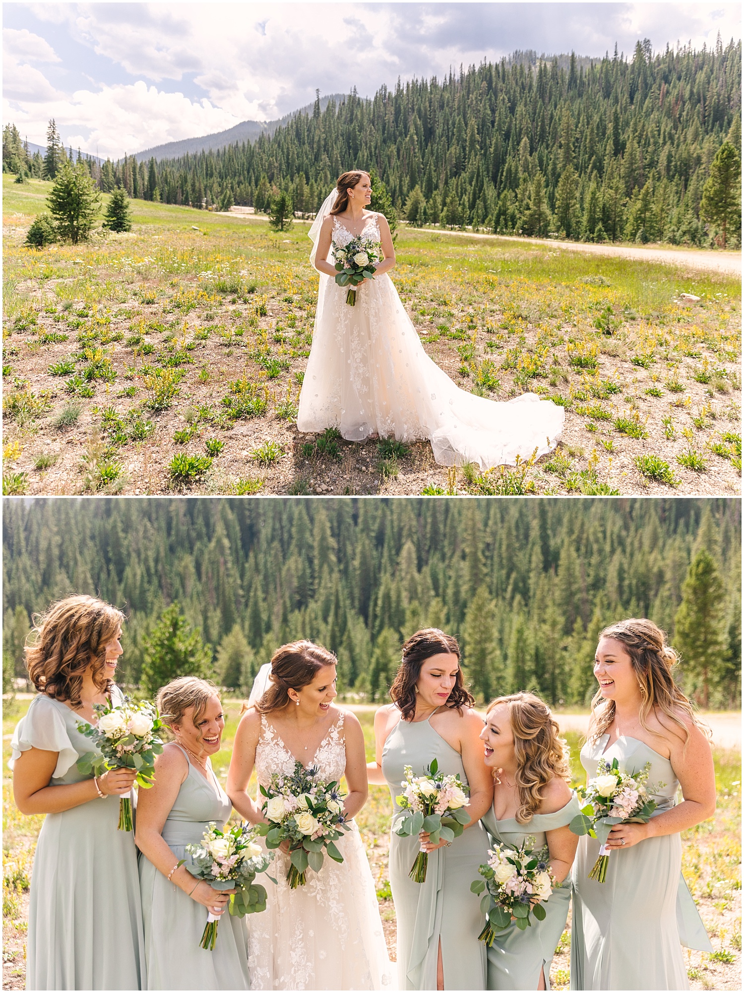 Bride and bridesmaid style for summer mountain wedding in Winter Park Colorado