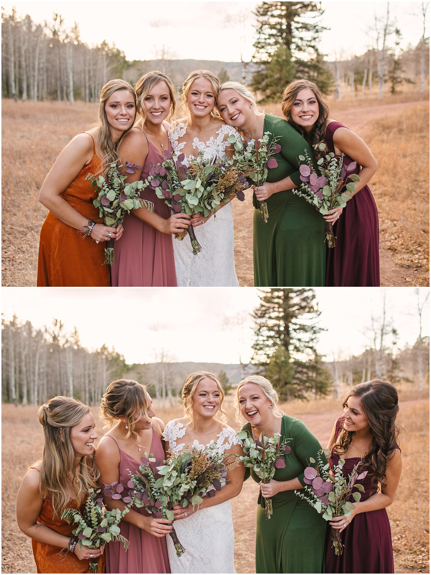 Bridesmaids in mismatched jewel toned dresses for early winter wedding in Woodland Park Colorado