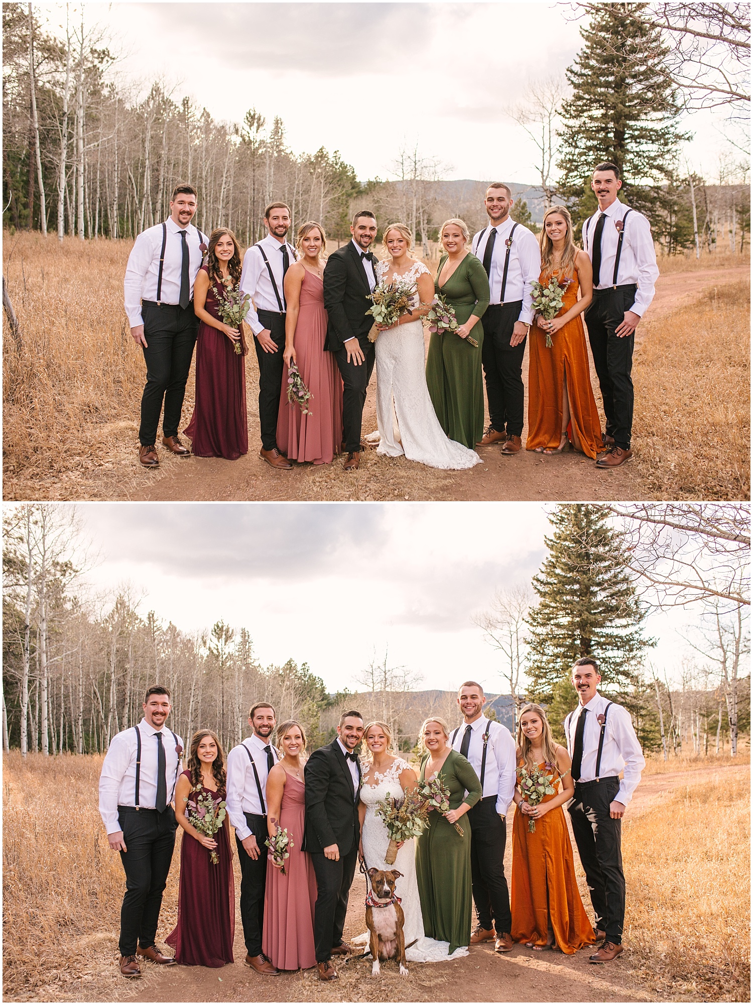 Mismatched fall wedding party colors for late November wedding in Woodland Park Colorado