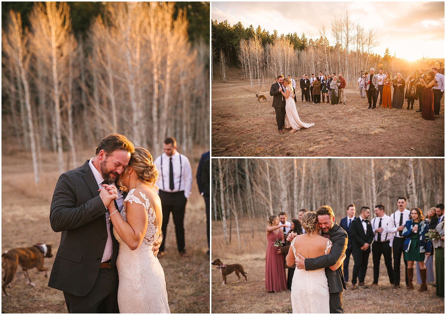 Bride dances with her father in a field in the mountains for Woodland Park intimate wedding