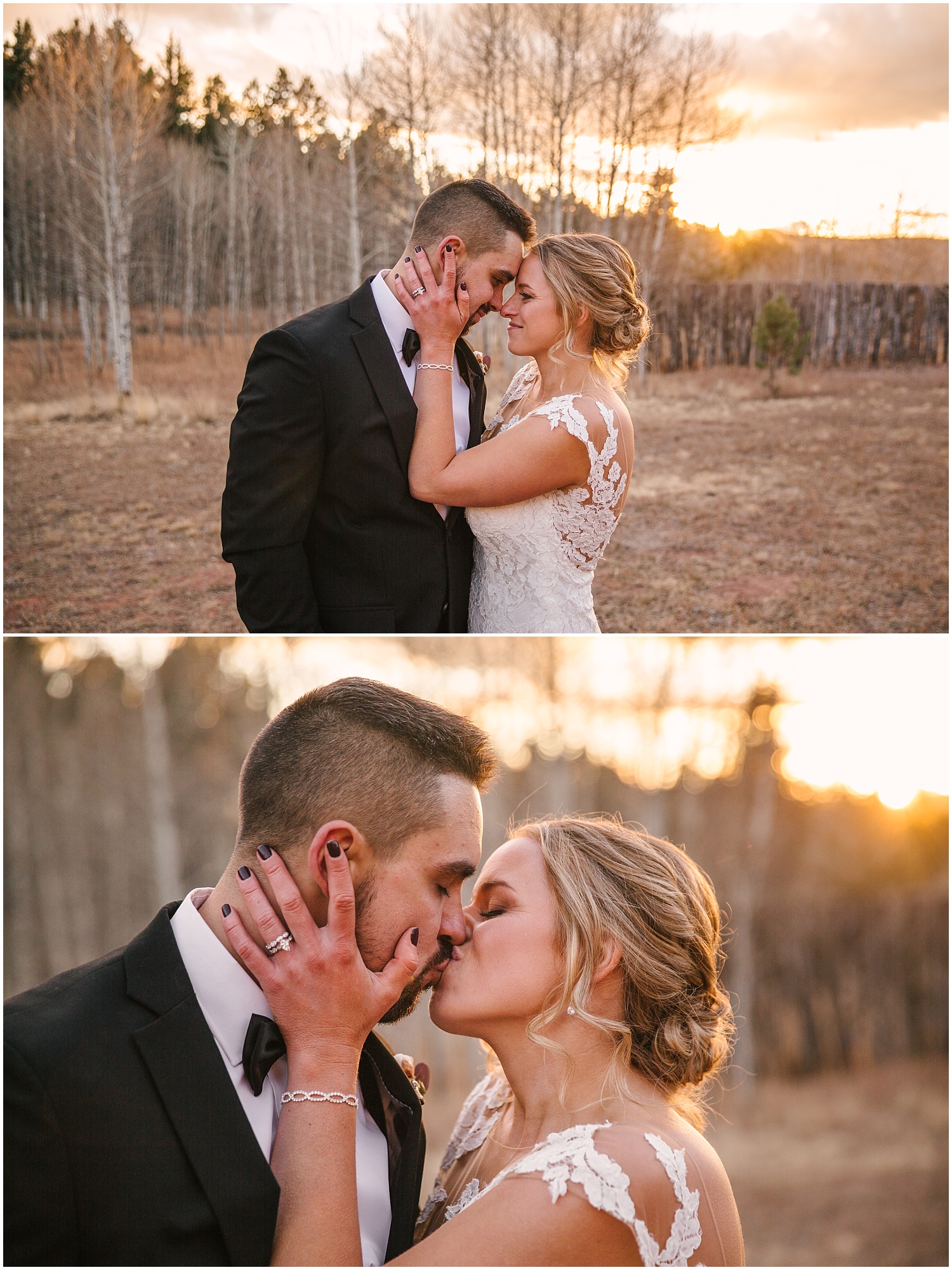 Bride and groom kissing at sunset in Woodland Park Colorado