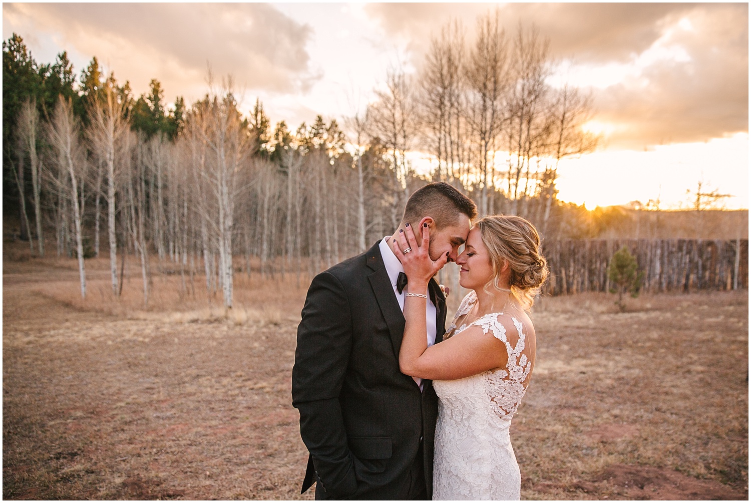 Bride and groom at sunset in Woodland Park Colorado