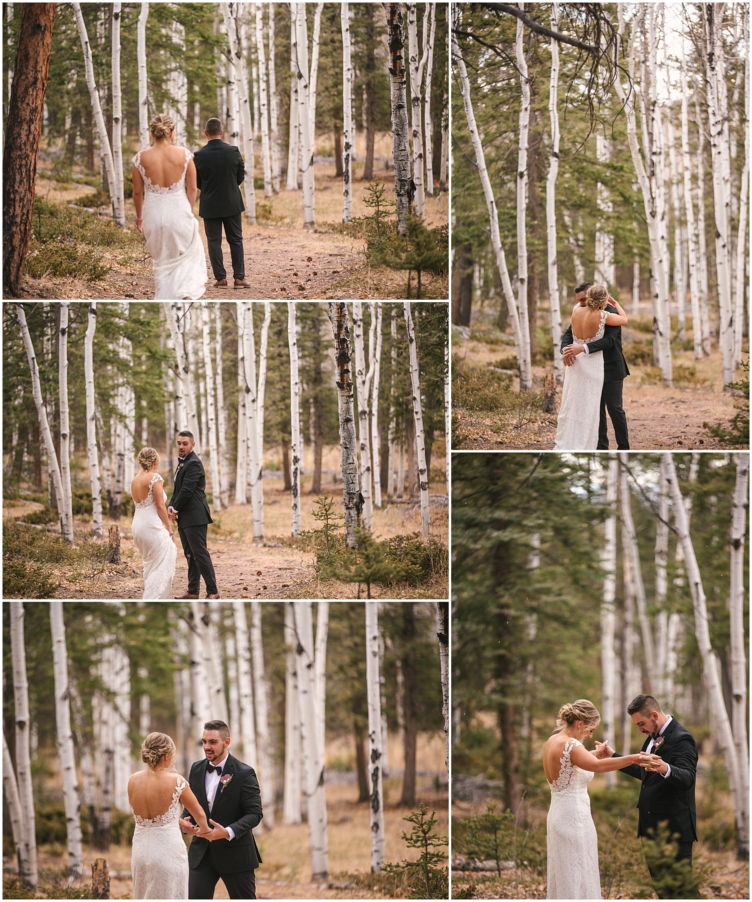 Bride and groom's first look in forest of aspen trees in Woodland Park Colorado