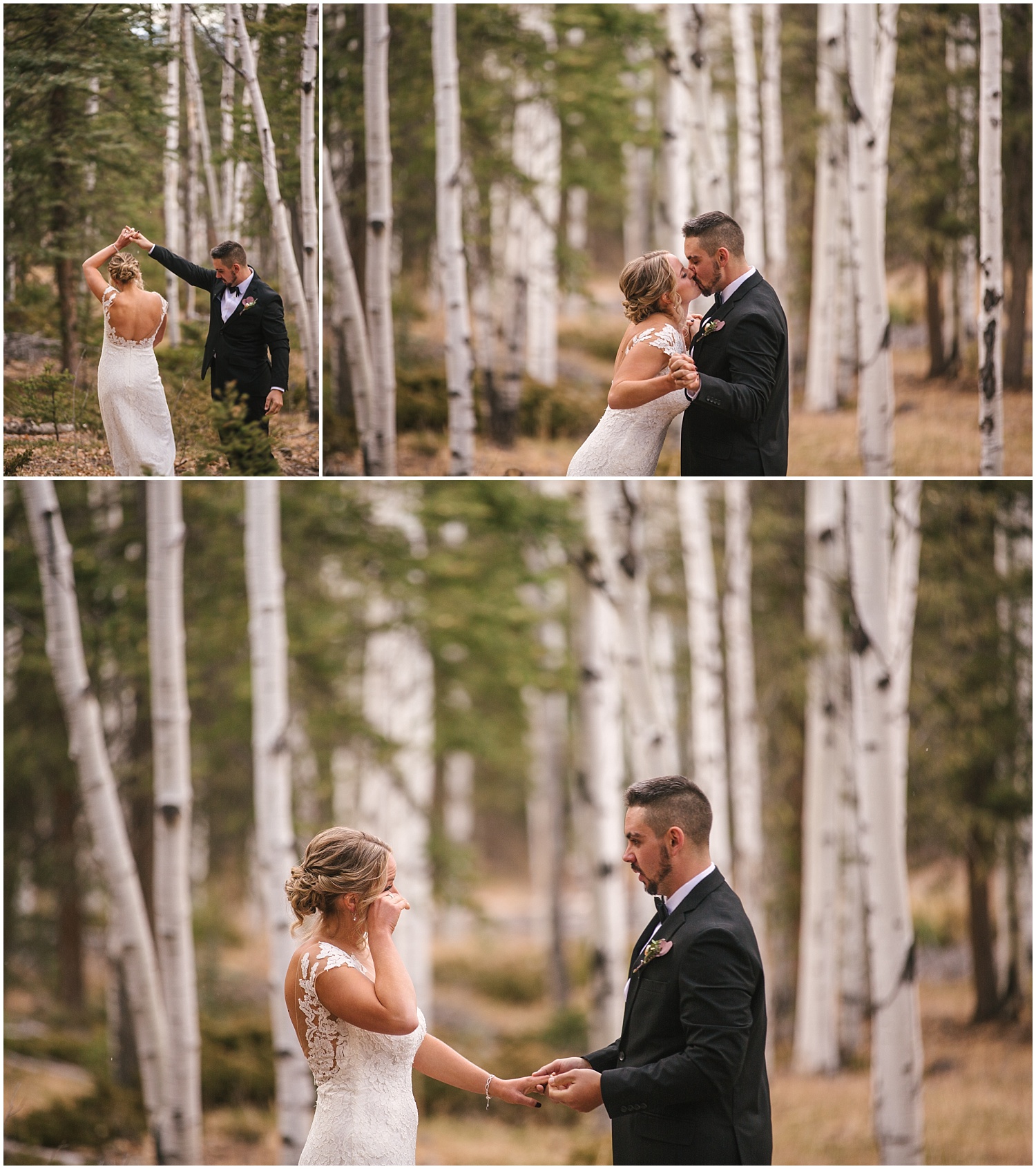 Bride and groom portraits in the aspen trees in Woodland Park Colorado