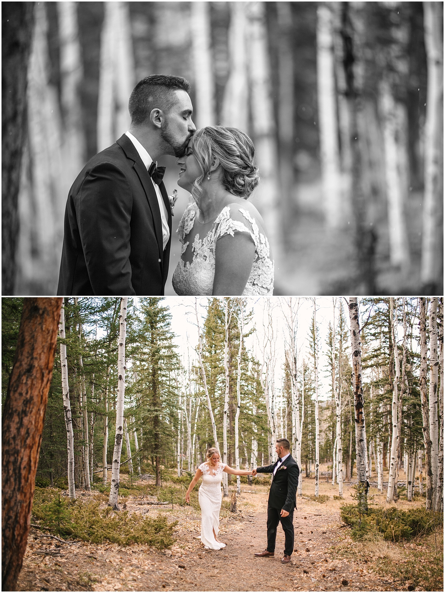 Bride and groom dancing among aspen trees for Woodland Park intimate wedding