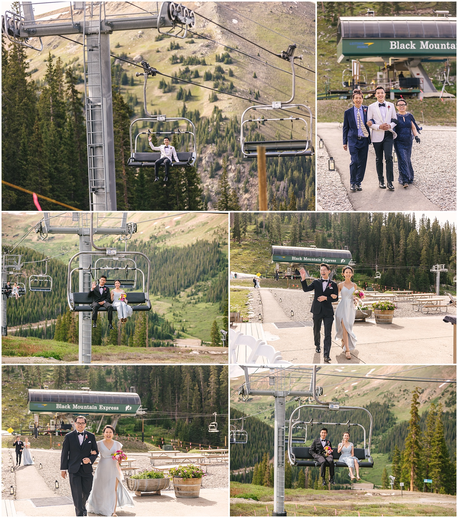 wedding party make entrance to Black Mountain Lodge wedding ceremony from ski lifts at Arapahoe Basin