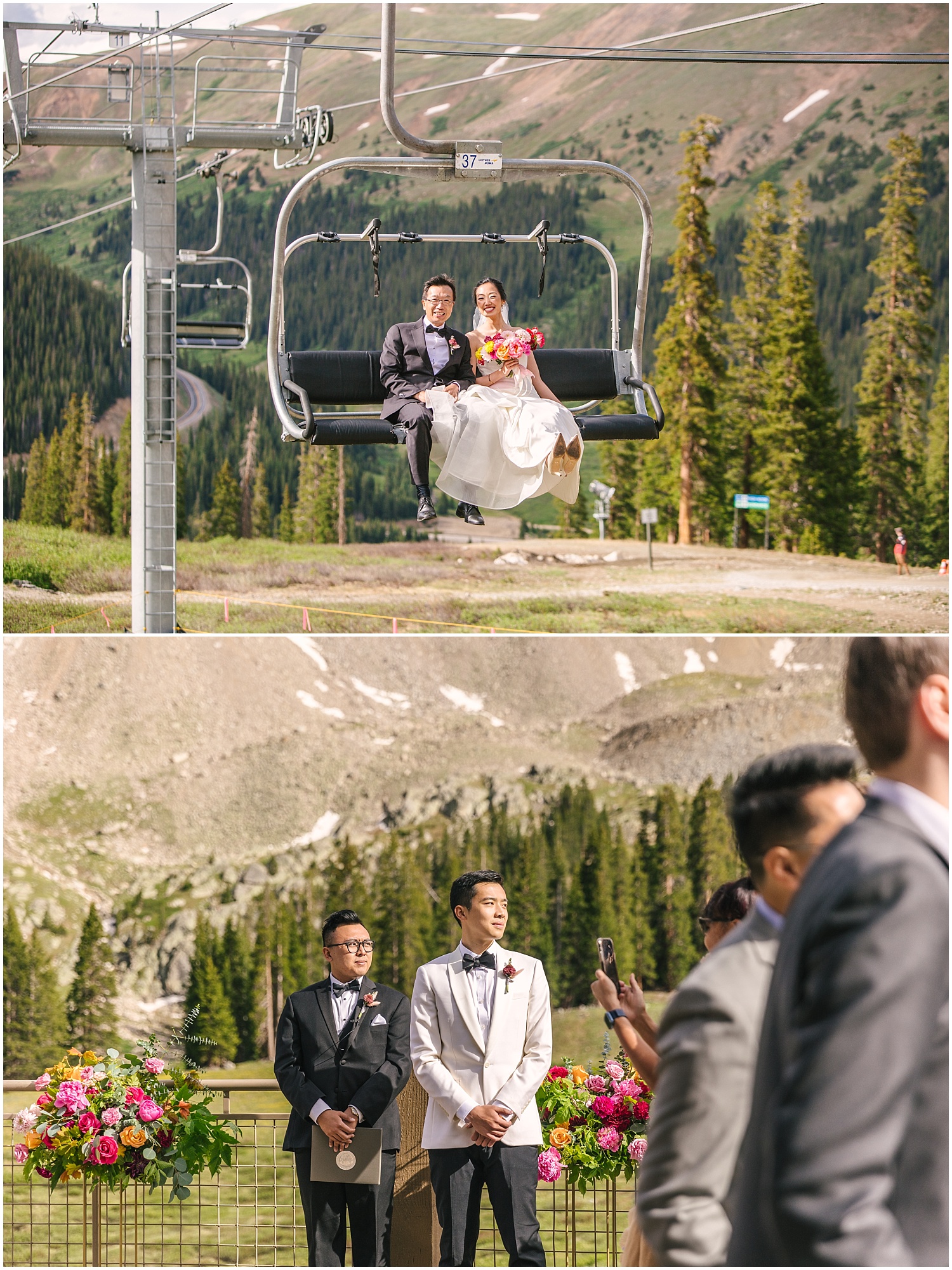 bride's ski lift entrance to wedding ceremony at Black Mountain Lodge Arapahoe Basin