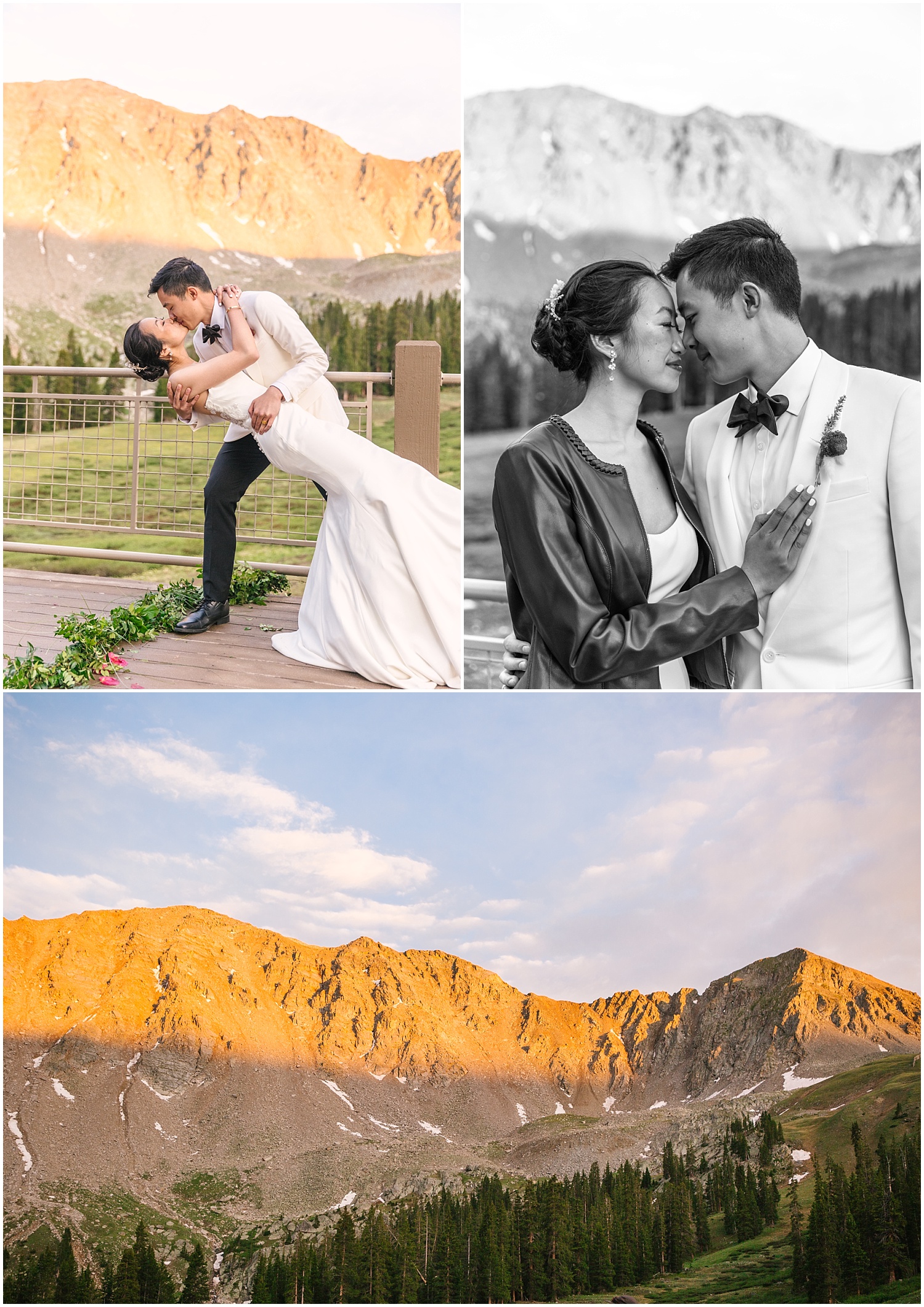 bride and groom portraits during alpenglow sunset at Black Mountain Lodge Arapahoe Basin Colorado