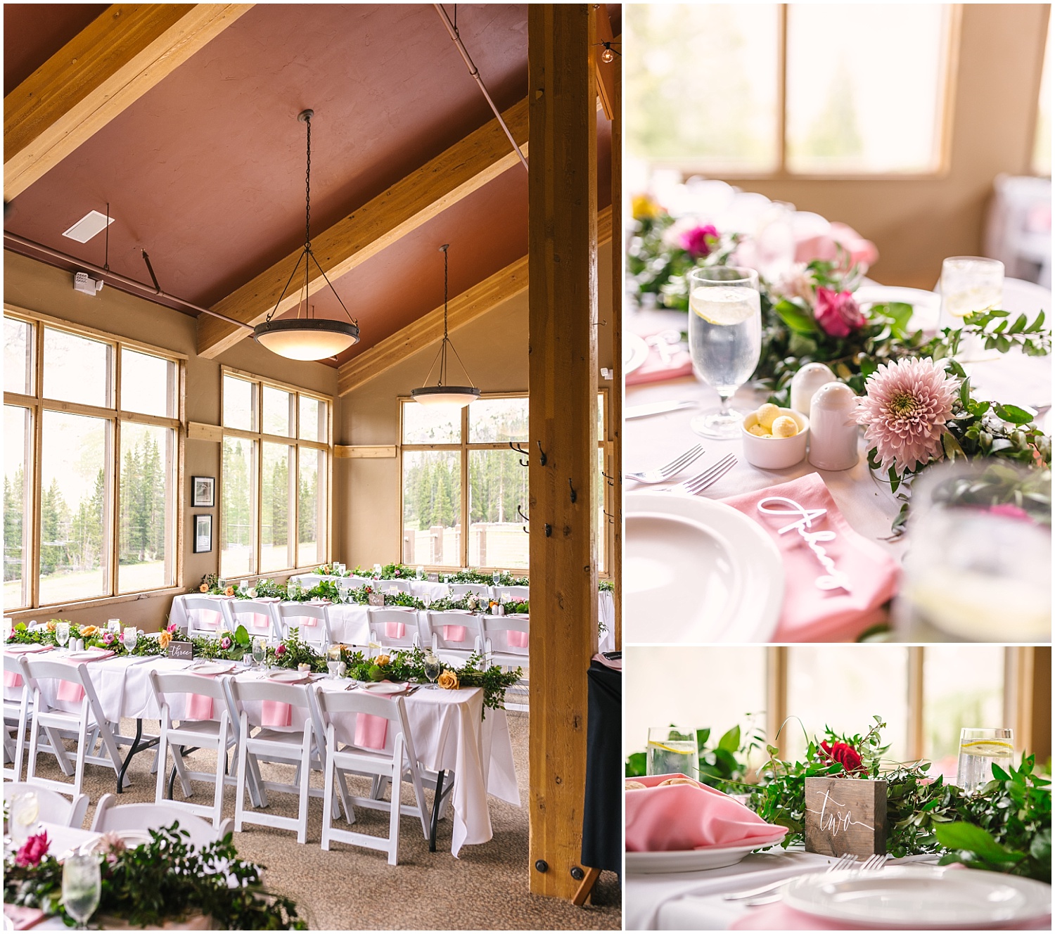 Soft pink details with greenery at Black Mountain Lodge Arapahoe Basin Colorado