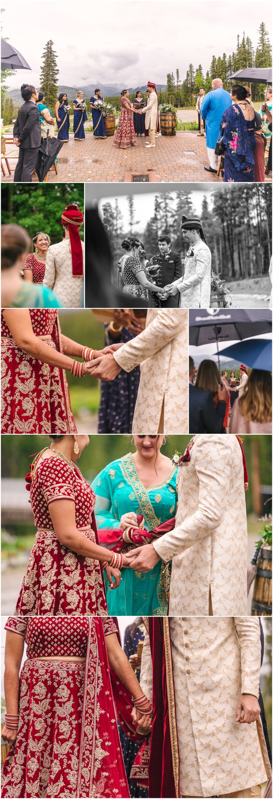 Bride and groom hold hands during rainy wedding ceremony at Ten Mile Station in Breckenridge Colorado