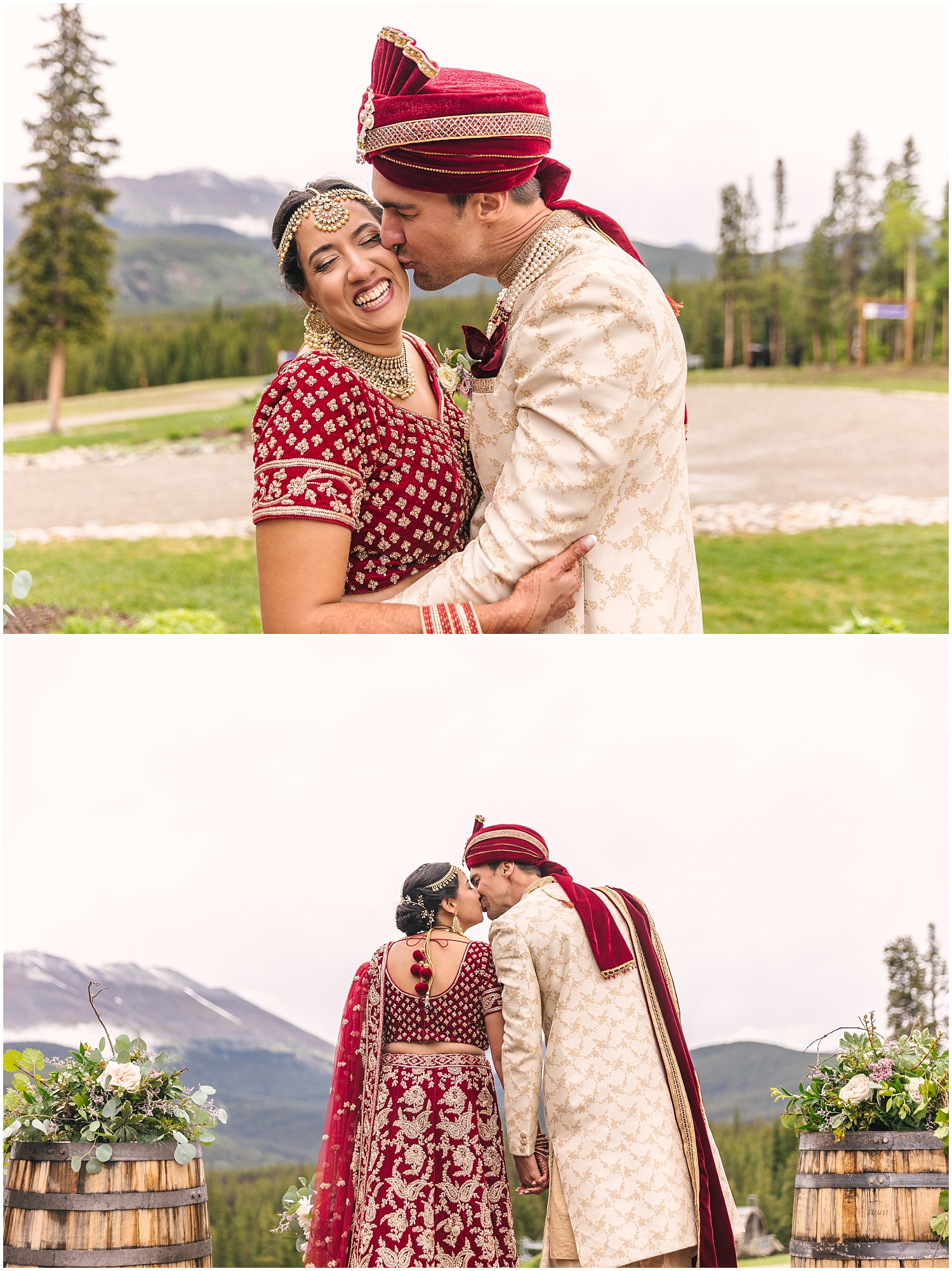 Indian bride and groom kissing in the mountains at Ten Mile Station wedding