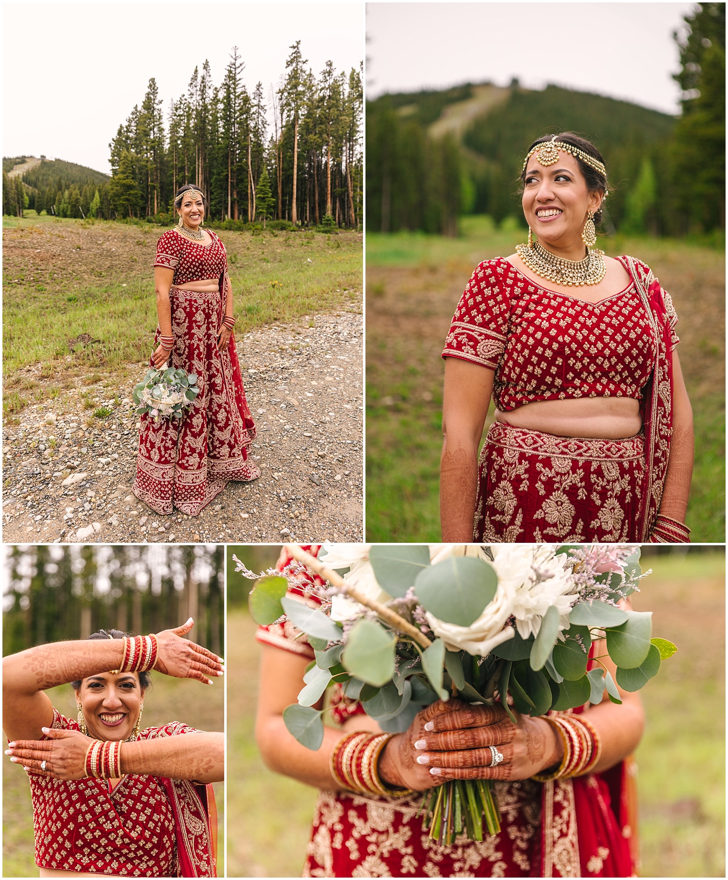 Indian bride portraits in red saree with white flower bouquet in Breckenridge Colorado