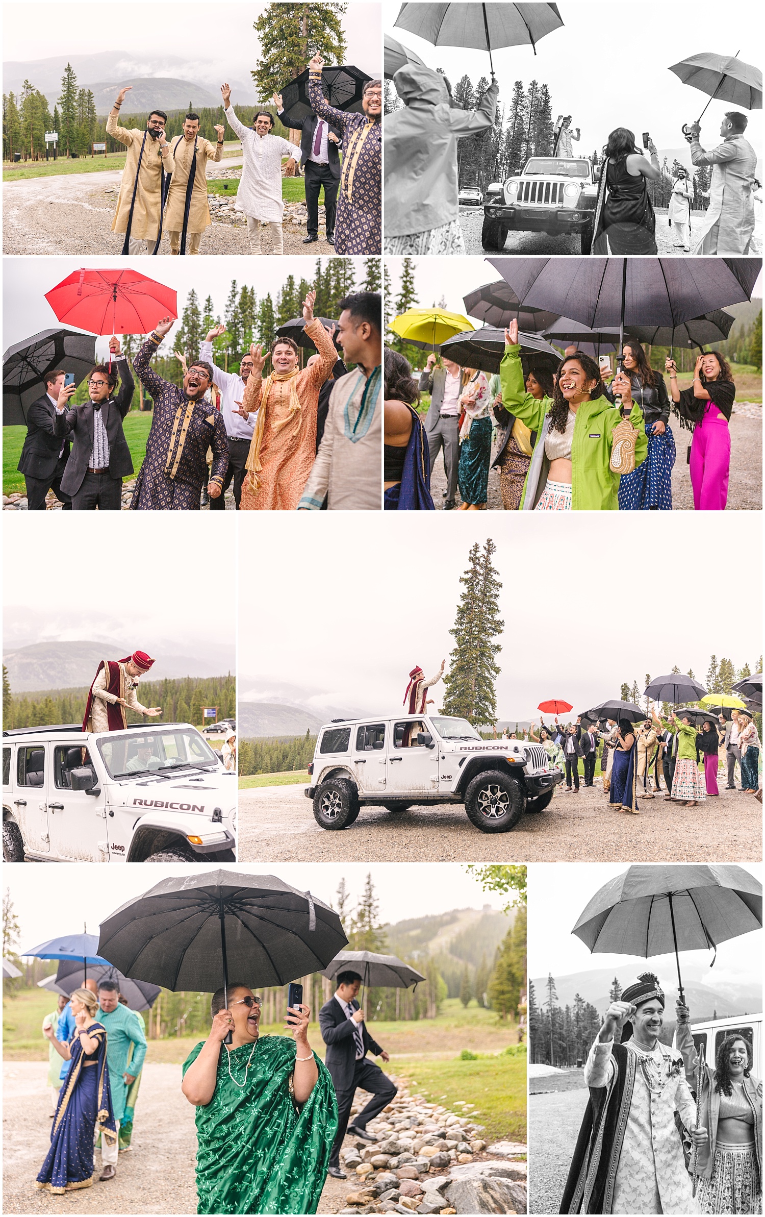 Groom's baraat processional in the rain at Indian wedding at Ten Mile Station in Breckenridge Colorado