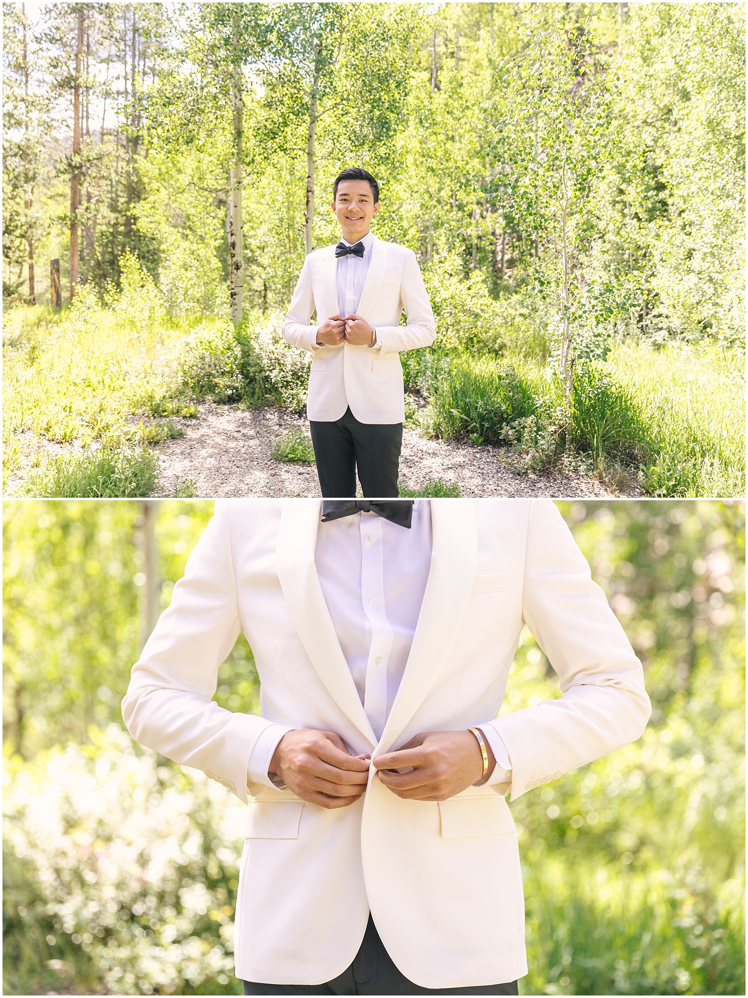 groom portraits buttoning white suit in Keystone Colorado