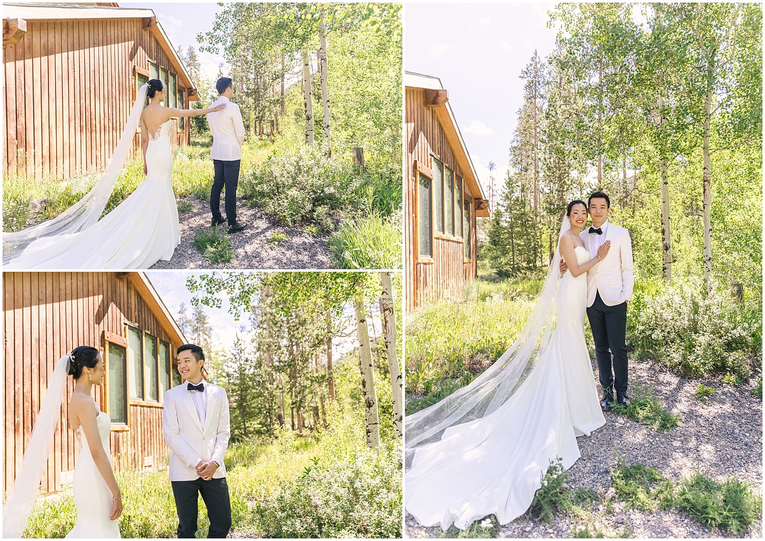 bride and groom first look outside cabin in Keystone Colorado
