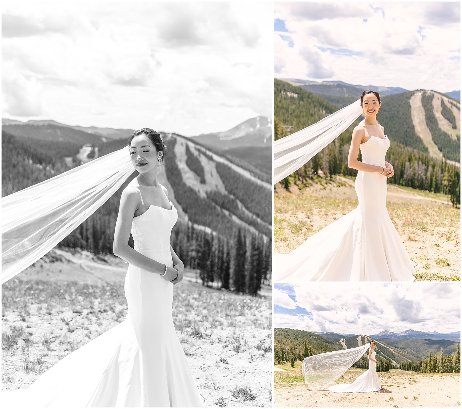 bridal portraits with long veil at the top of Keystone Summit Colorado