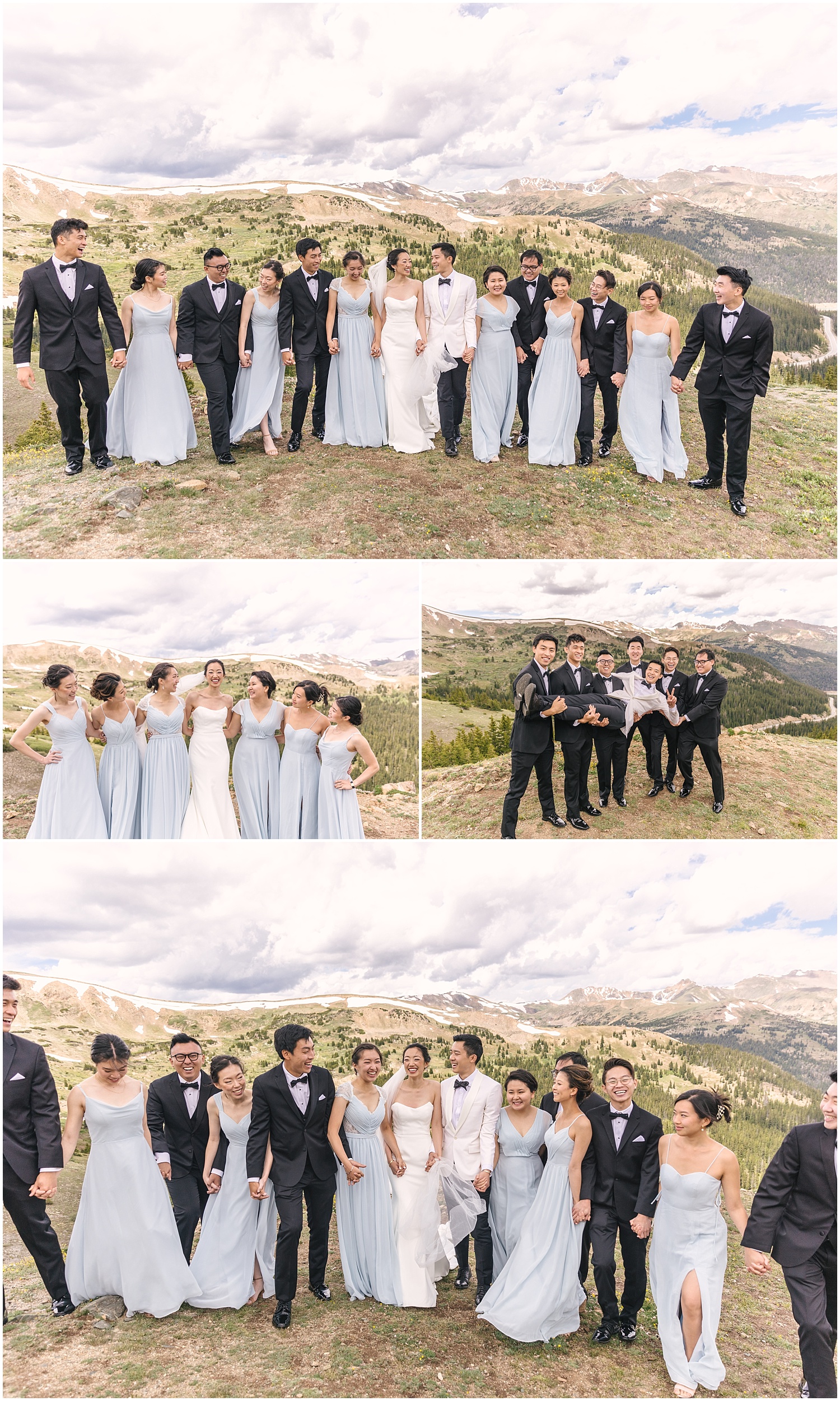 Black Mountain Lodge wedding party take portraits at Loveland Pass summit