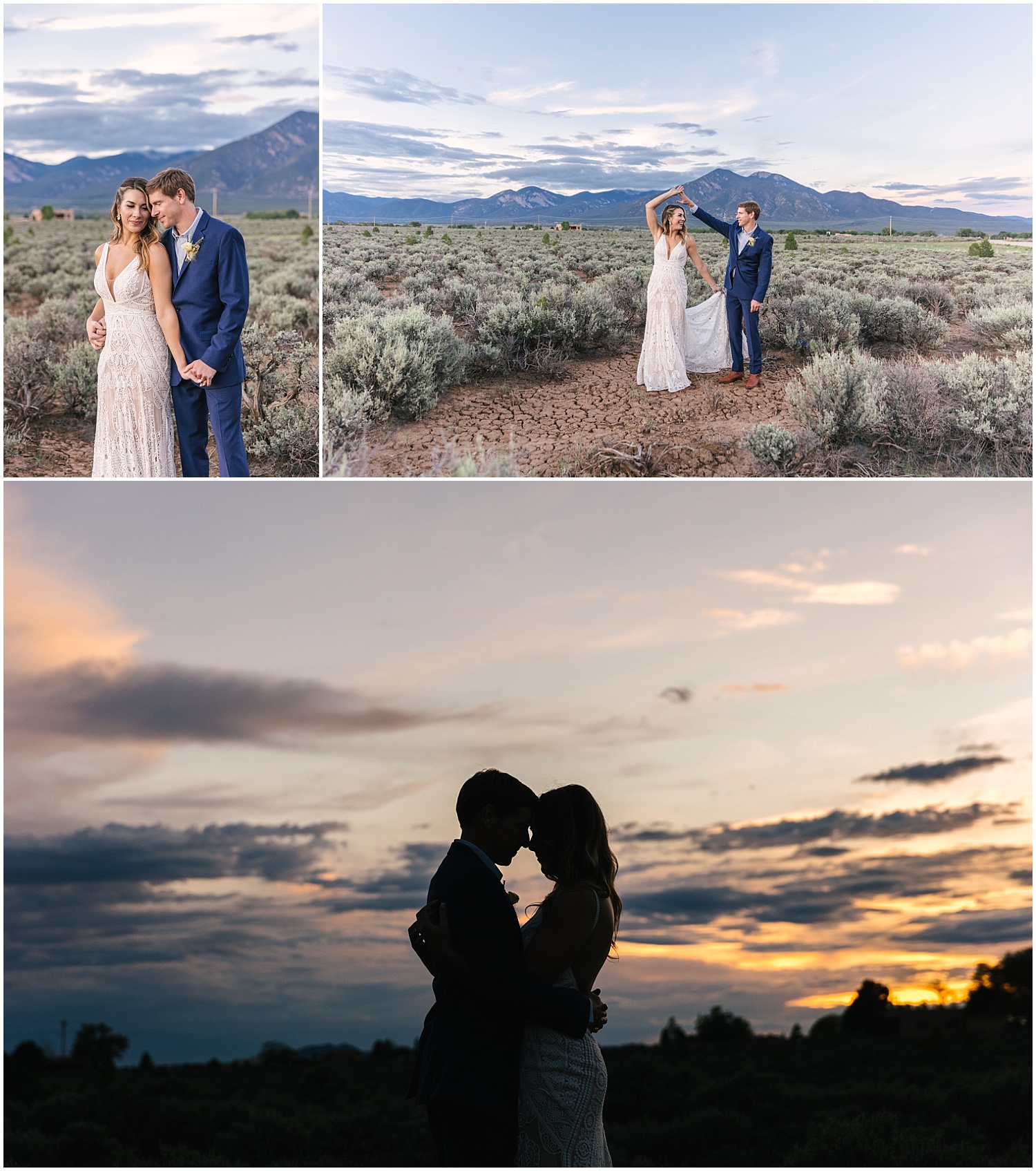 sunset portraits of the bride and groom for Taos New Mexico elopement