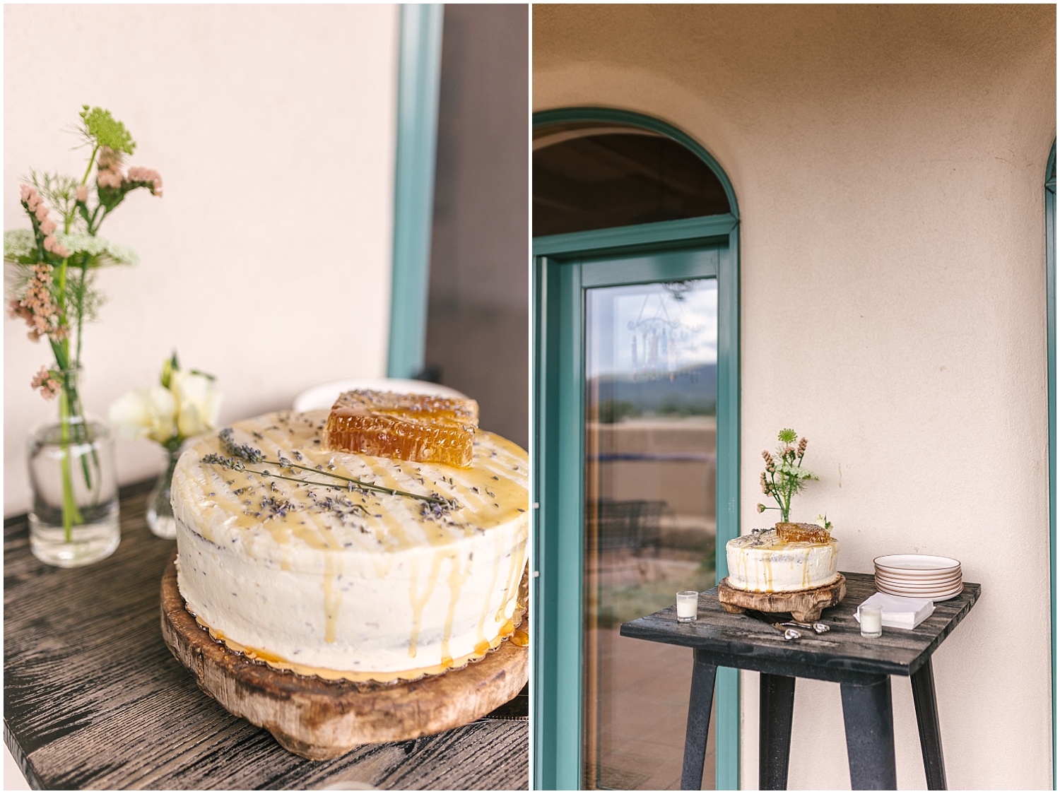 lavender and honey cake with honeycomb topper by Walter Burke Catering for intimate wedding in Taos New Mexico