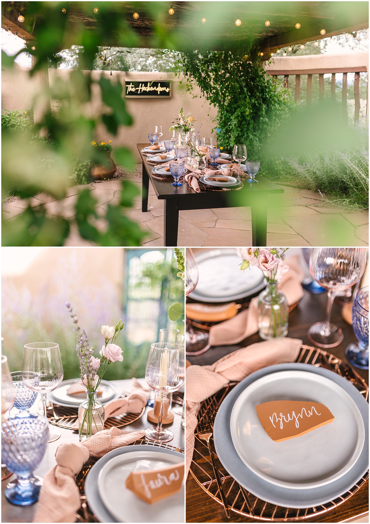 terra cotta name plates with pastel colored flowers by Florecita for intimate Taos wedding tables