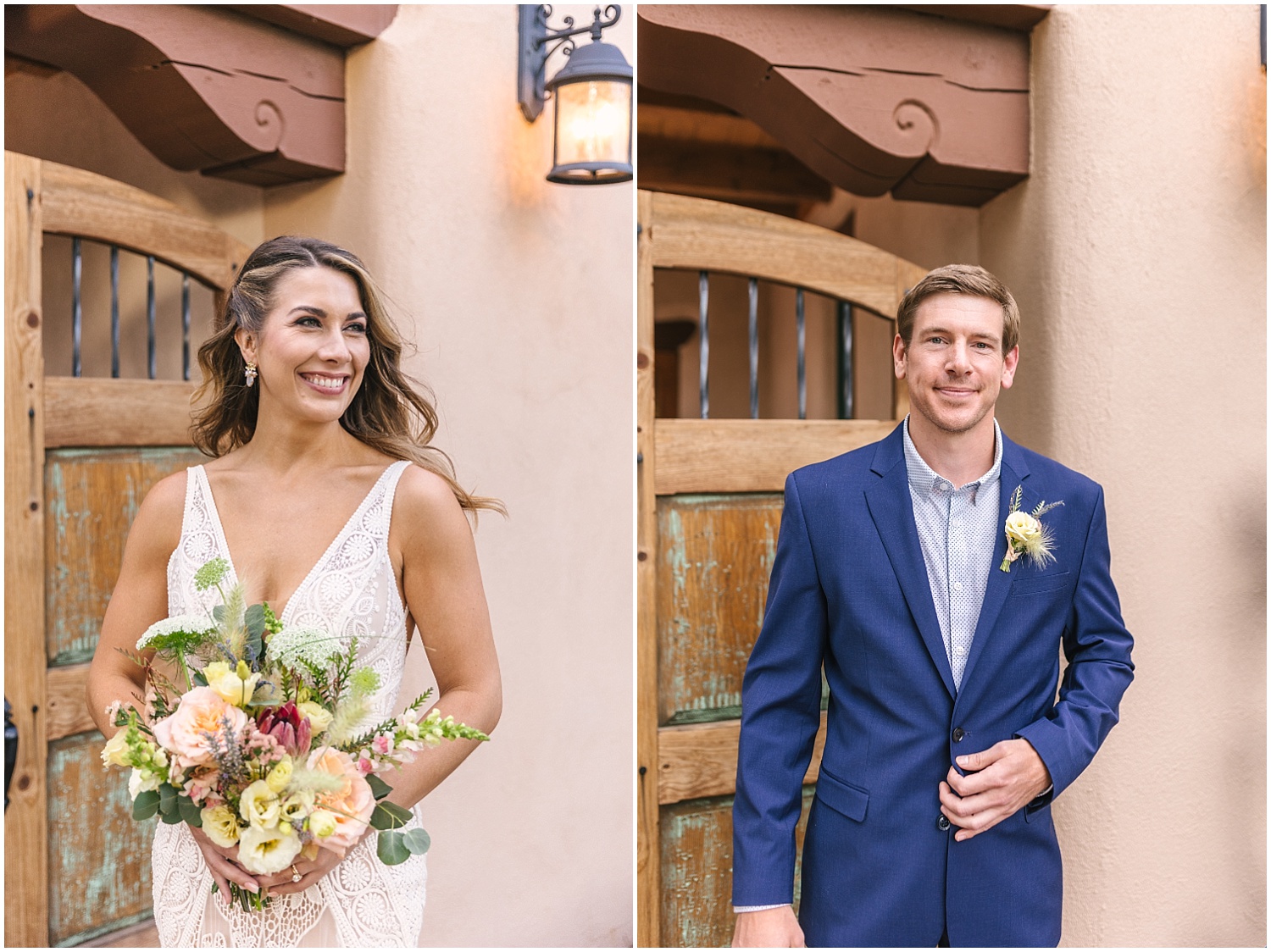 bride and groom portraits at adobe casita in Taos New Mexico