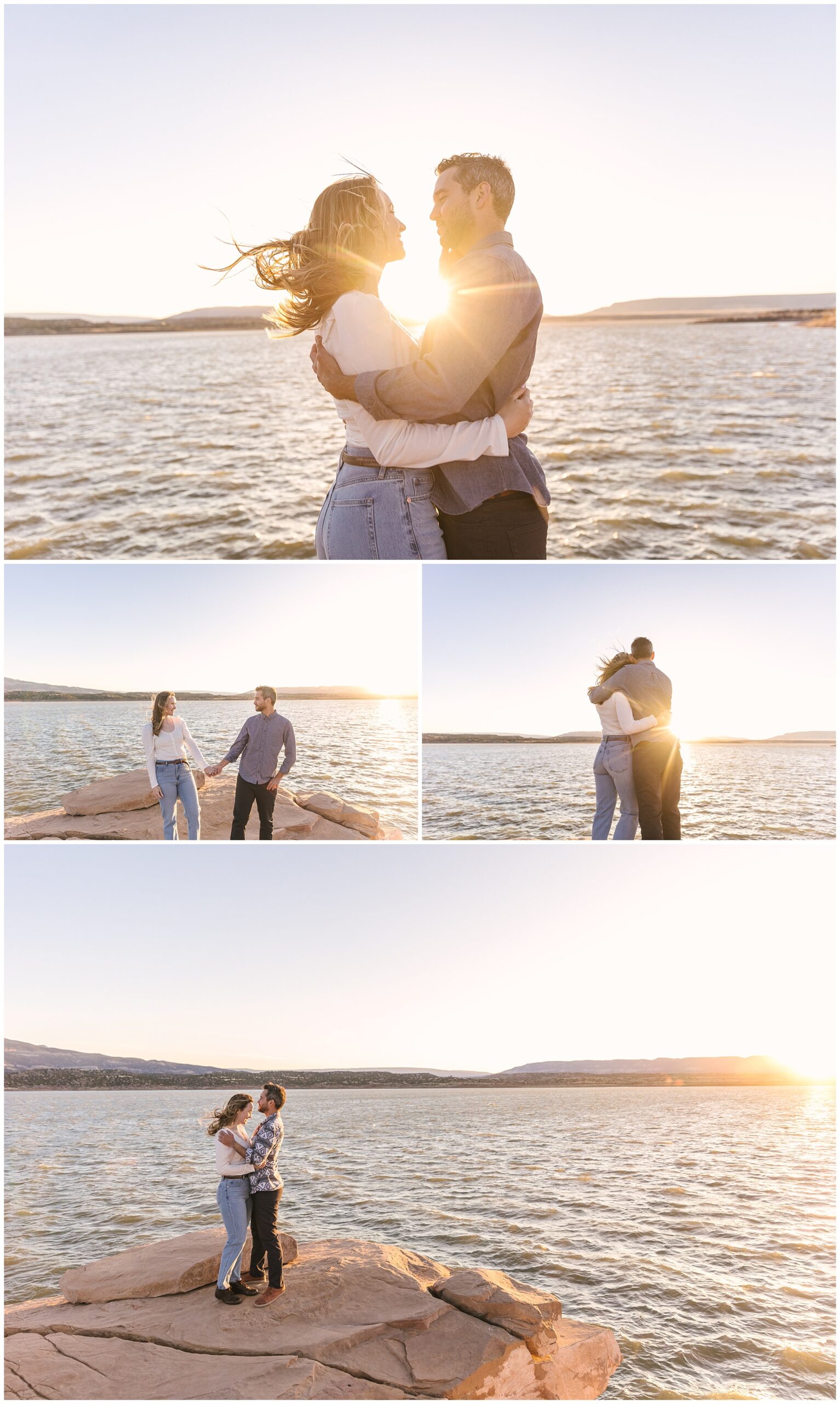 couple kissing at sunset overlooking Abiquiu Lake in northern New Mexico