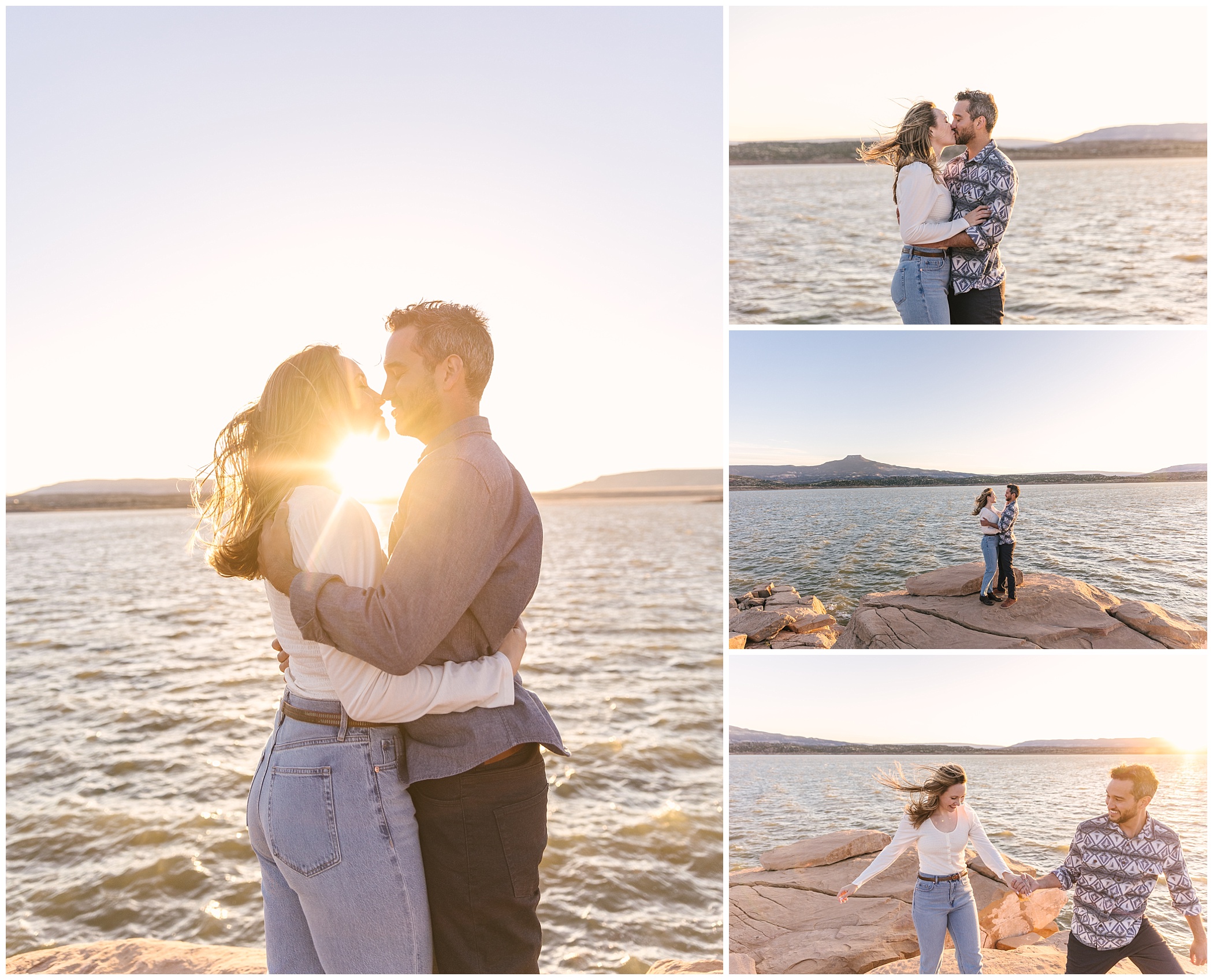 couple kissing at sunset overlooking Abiquiu Lake in northern New Mexico