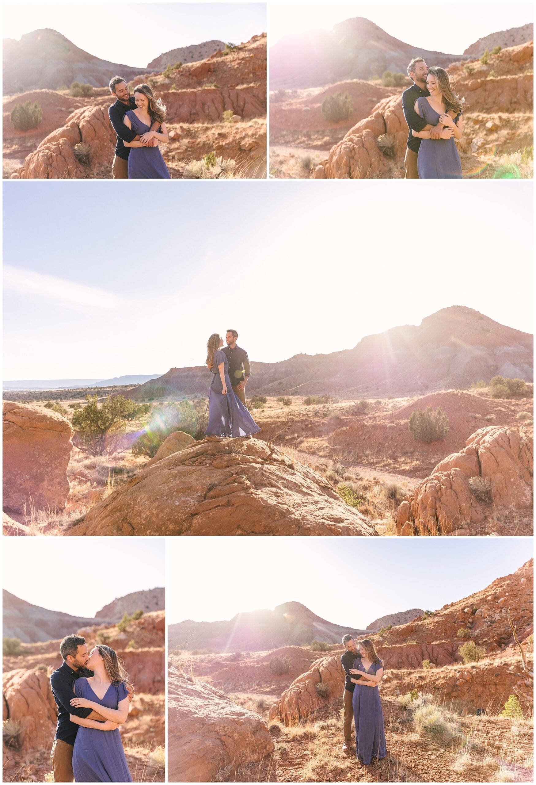 sunny desert engagement photos in the red rocks of Abiquiu New Mexico