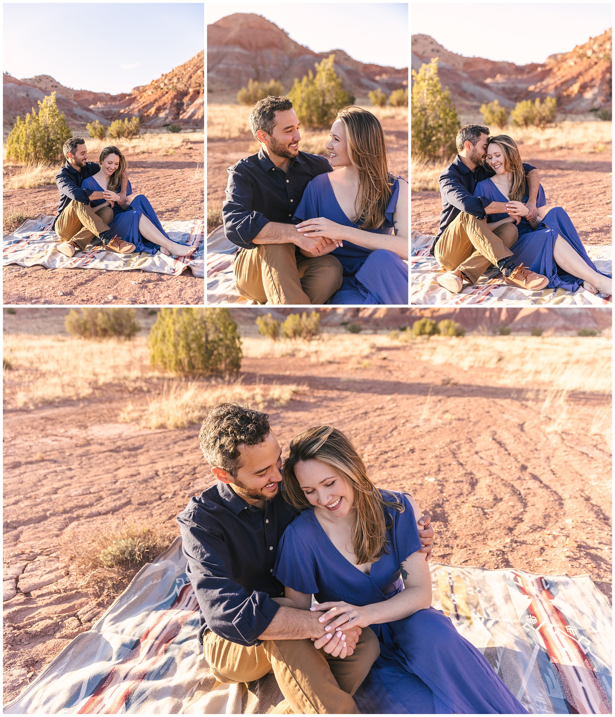 desert engagement photos on Pendleton blanket in Abiquiu New Mexico