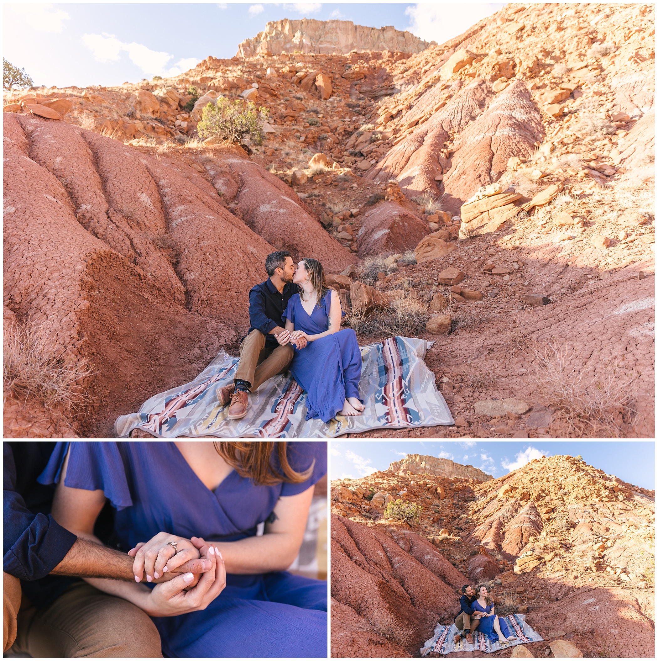 couple sitting on Pendleton blanket for desert engagement photos in Abiquiu New Mexico
