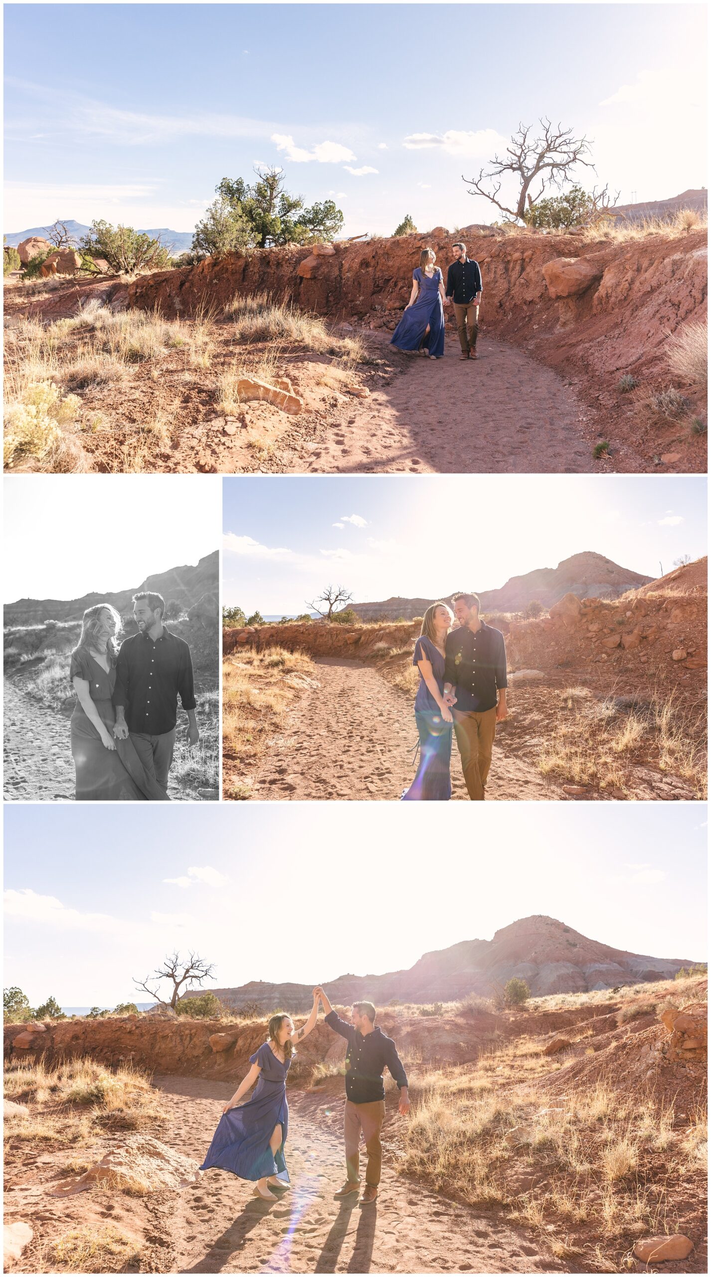 couple walking in the desert sunshine in Abiquiu New Mexico