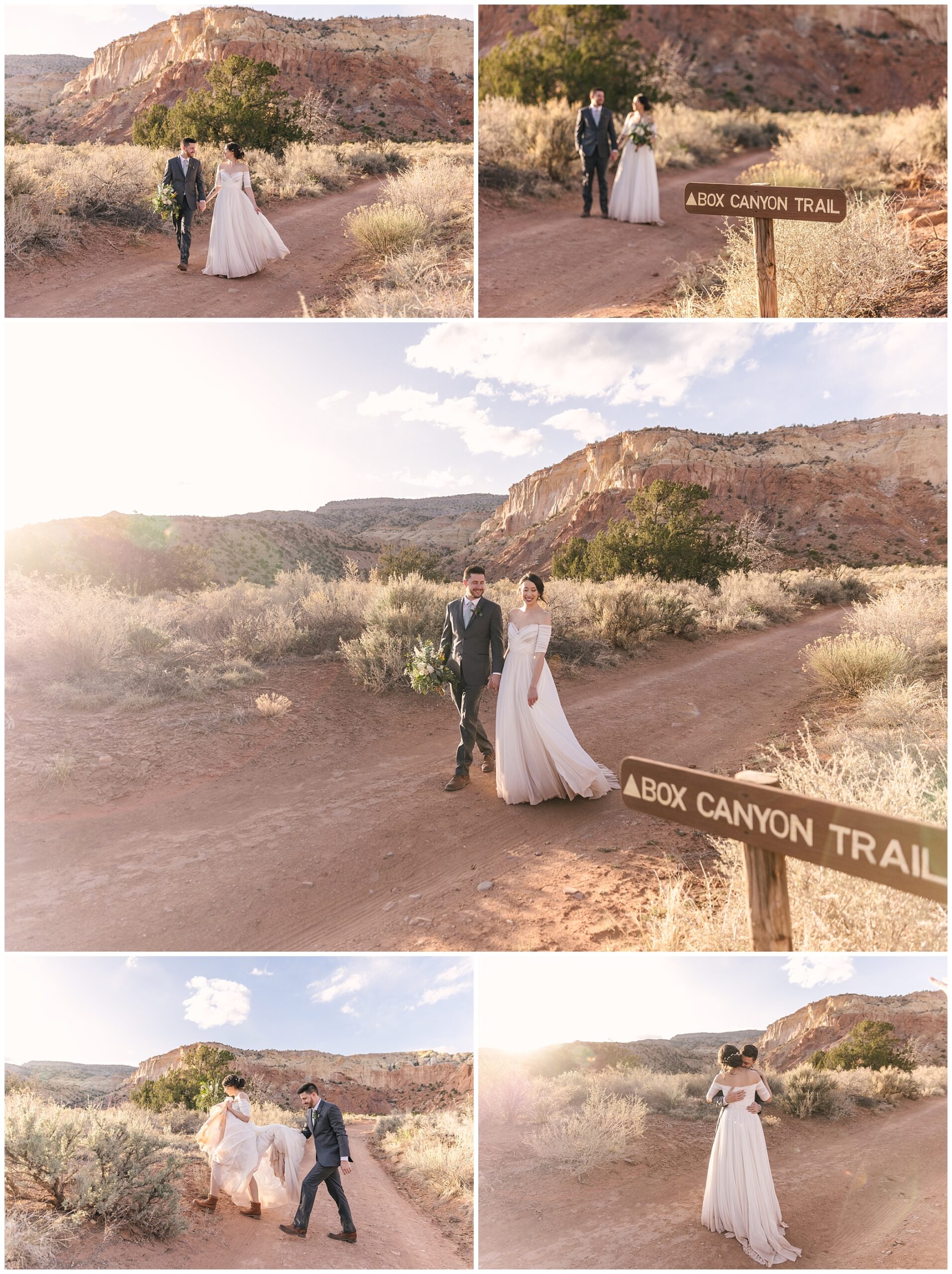 bride and groom walking on Box Canyon Trail in Ghost Ranch near Abiquiu New Mexico