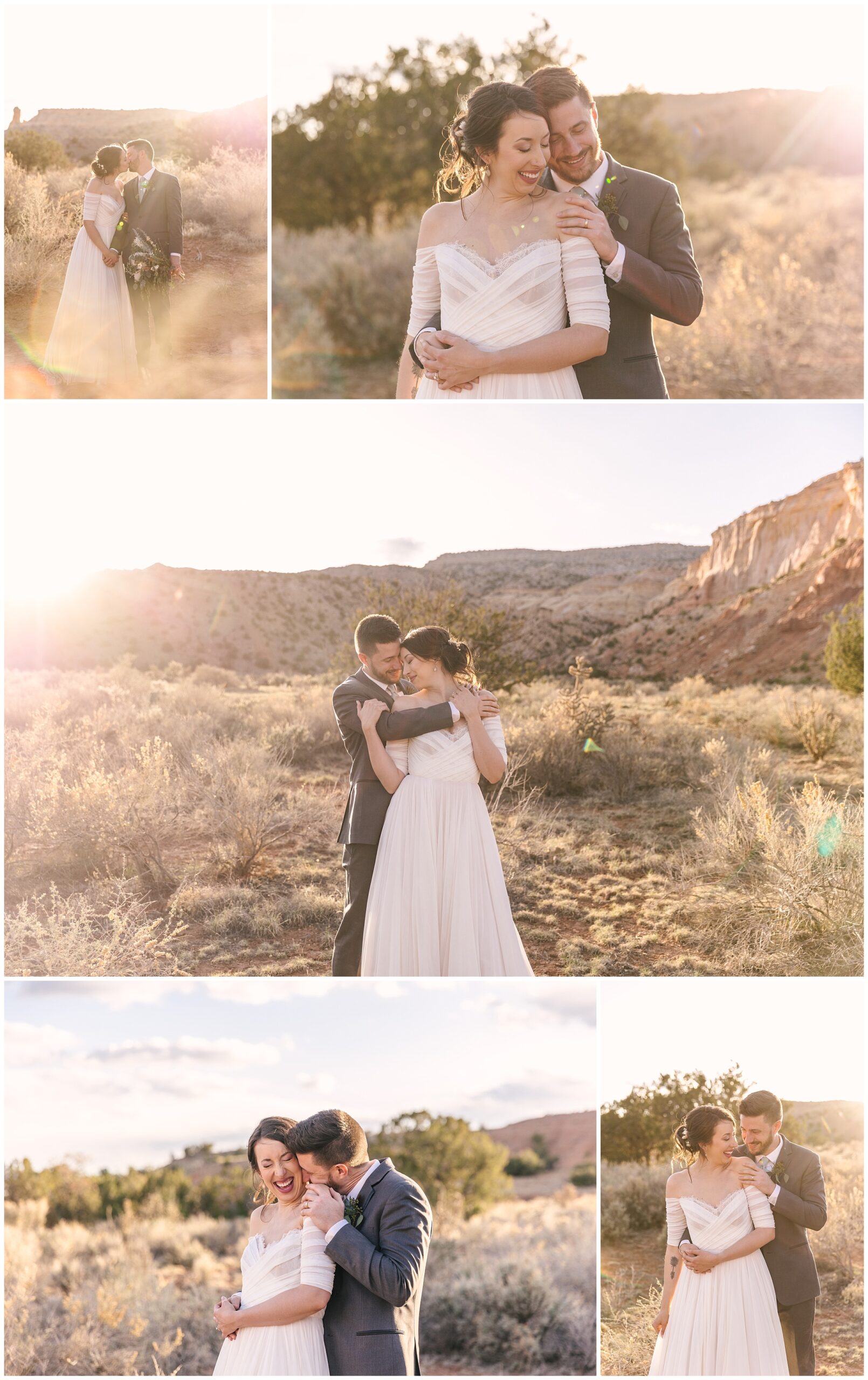 bride and groom golden hour portraits at Ghost Ranch wedding near Abiquiu New Mexico